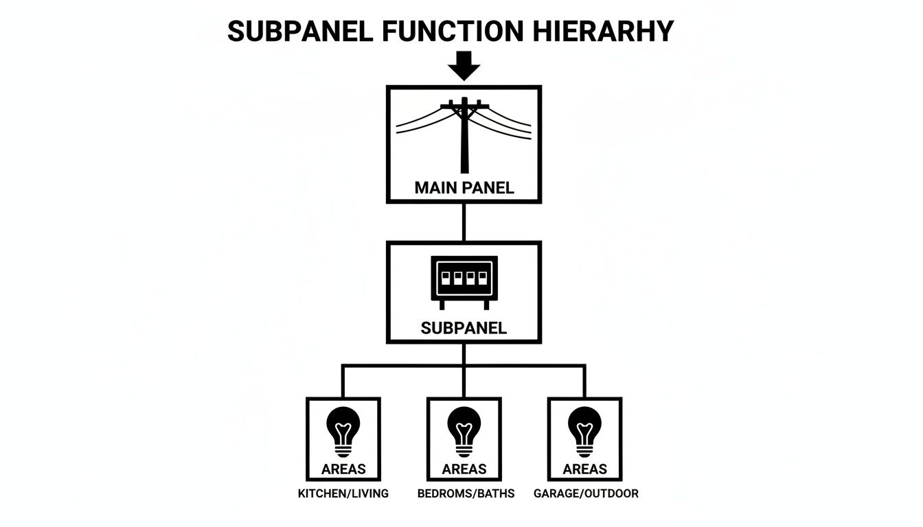 A diagram showing the electrical subpanel function hierarchy from main panel to different house areas.