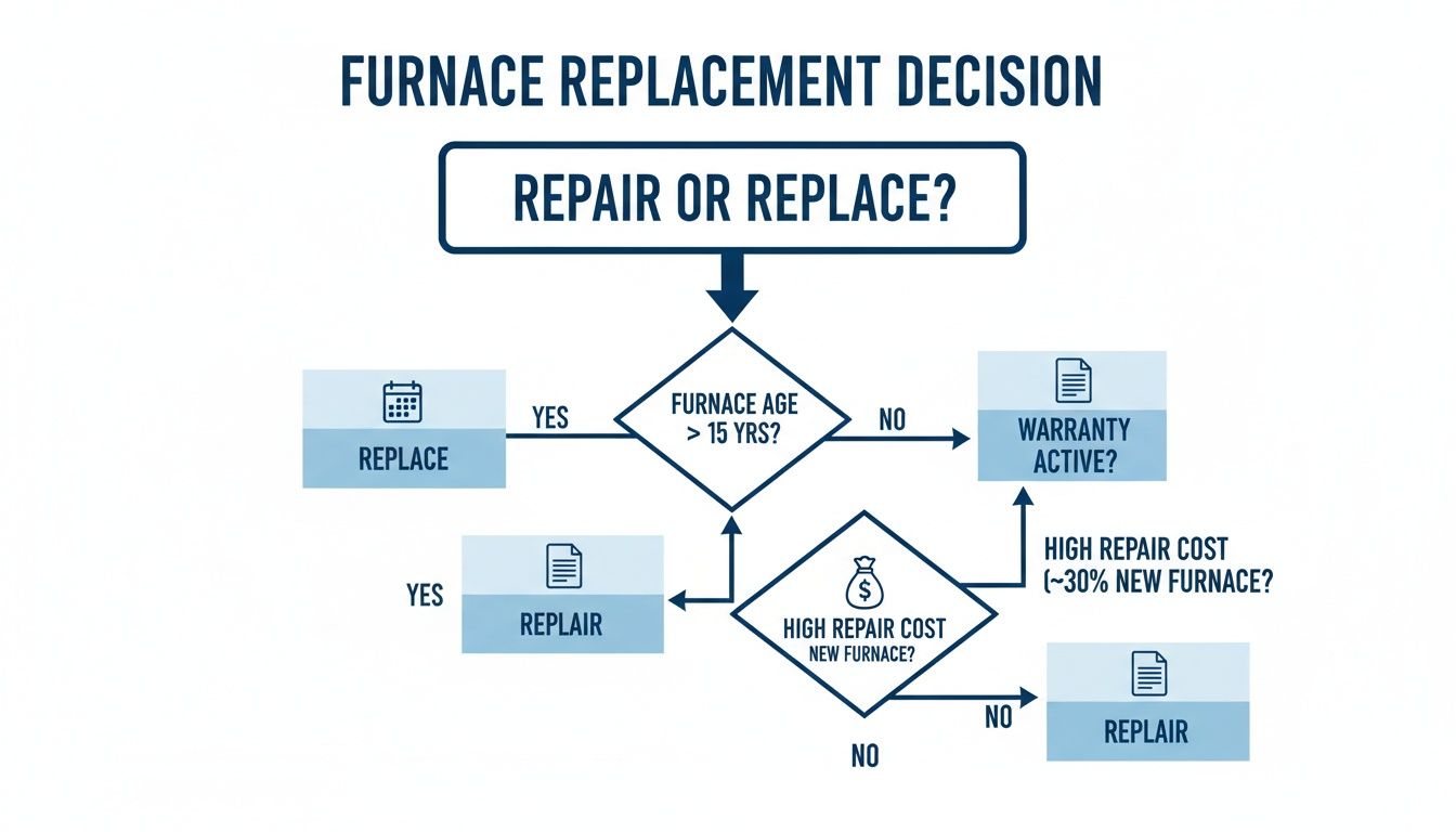 A flowchart guides the decision to repair or replace a furnace based on its age, active warranty, and high repair cost.