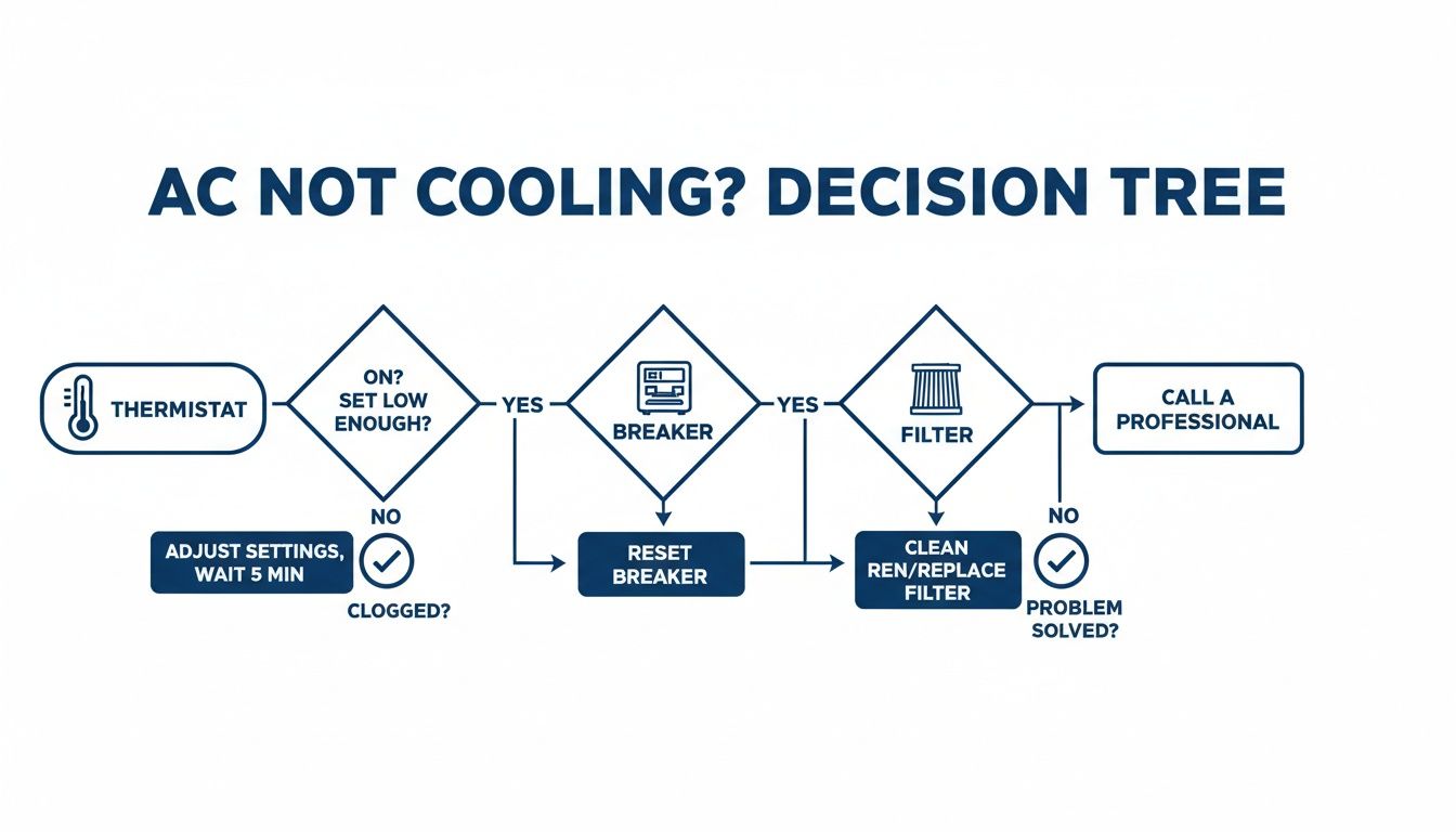 How to Diagnose AC Problems in Your Phoenix Home 3 A decision tree flowchart outlining steps to diagnose and troubleshoot an AC unit that is not cooling.