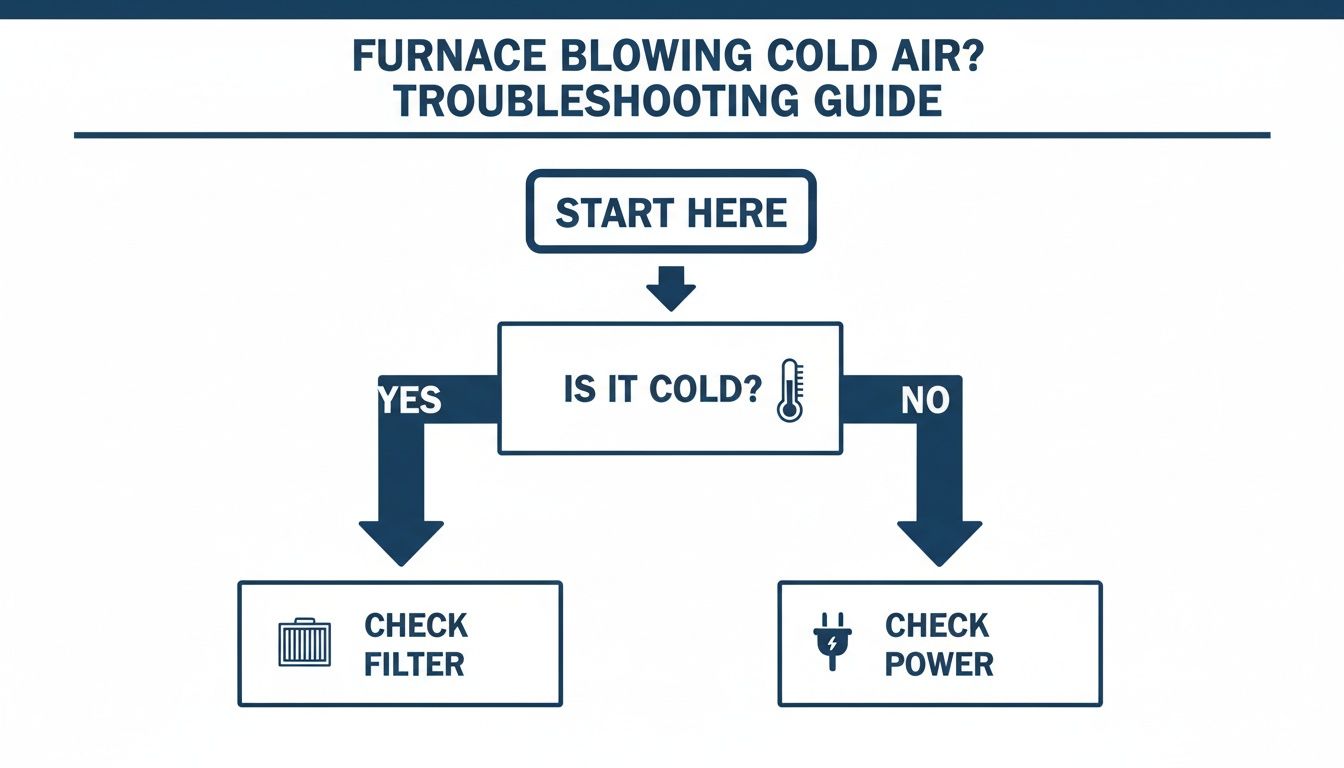 A troubleshooting guide flowchart for a furnace not blowing hot air, instructing to check filter or power.