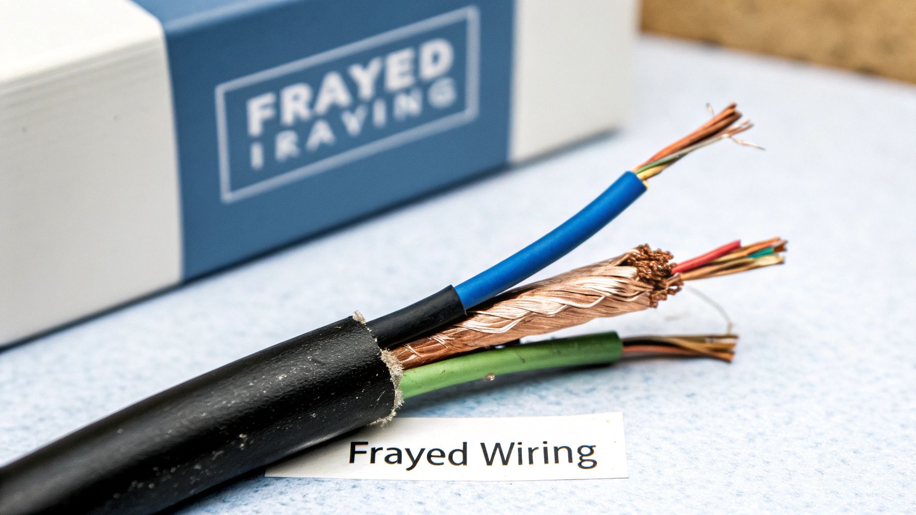 A close-up of a damaged electrical cable with frayed insulation, exposing multiple colored wires and copper braiding.