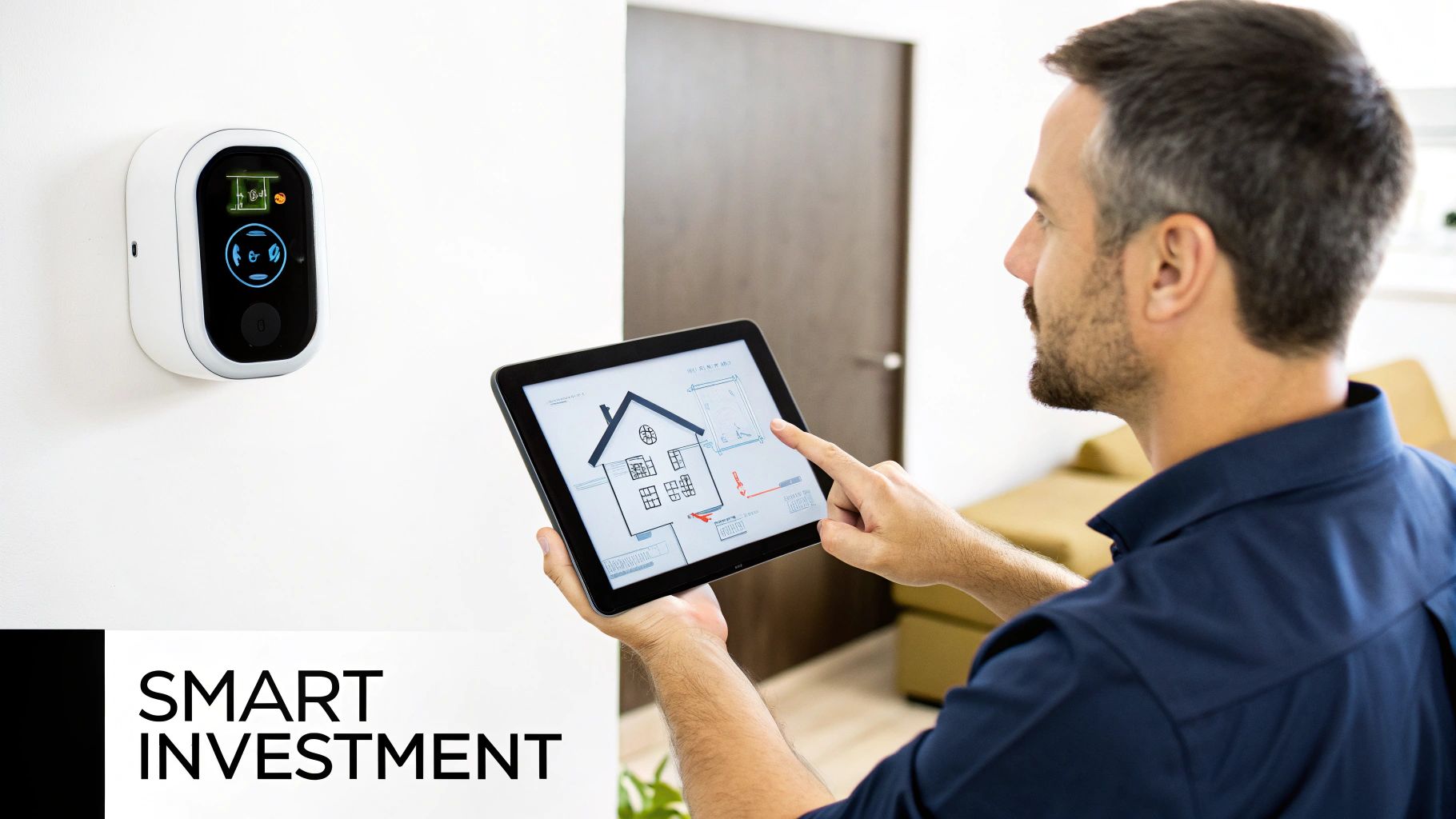 A man uses a tablet to control a smart home device, displaying a house plan.