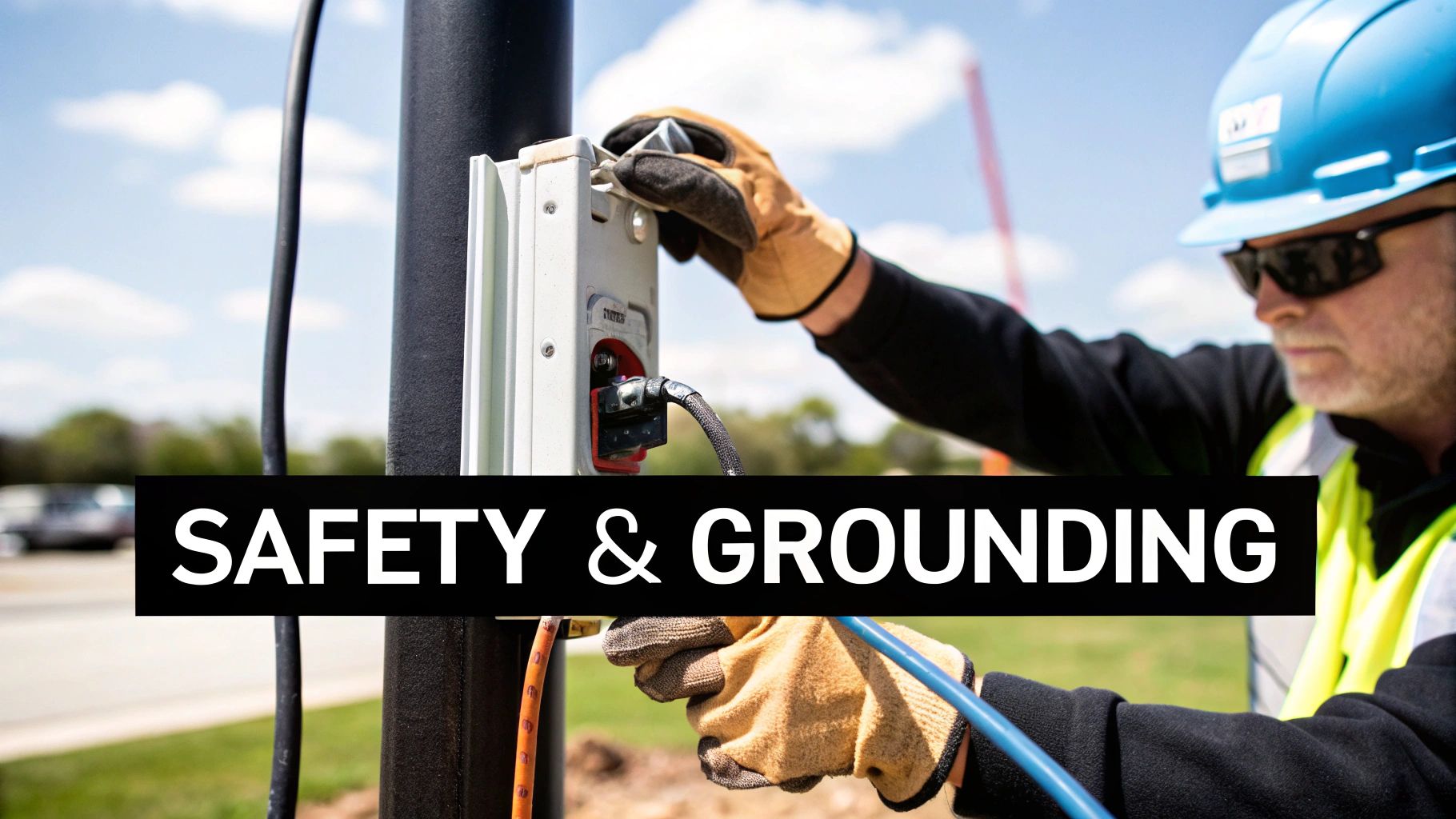 A construction worker in a hard hat and gloves connects cables to a power box, emphasizing electrical safety.
