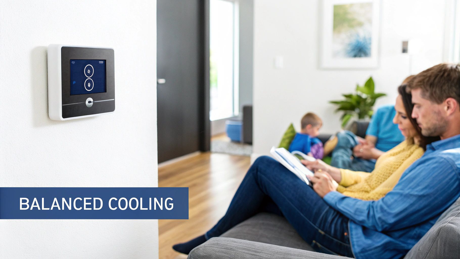 A family relaxes on a sofa in a modern home, with a smart thermostat on the wall managing balanced cooling.