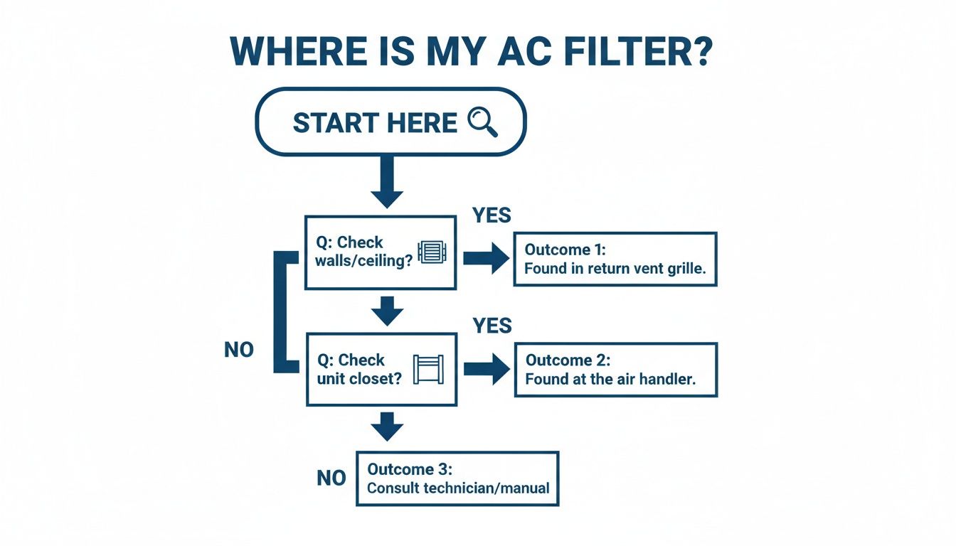 Where Is Air Conditioner Filter Located in Your Phoenix Home 2 A flowchart visually guides users on where to find their AC filter, starting from walls/ceiling.