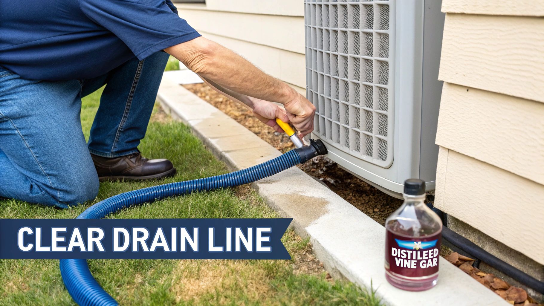 A person is clearing an AC unit's drain line with a hose, with a bottle of distilled vinegar nearby on a concrete ledge.