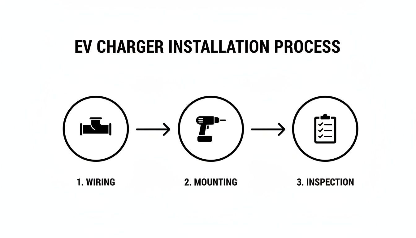 Diagram illustrating the EV charger installation process with three steps: wiring, mounting, and inspection.