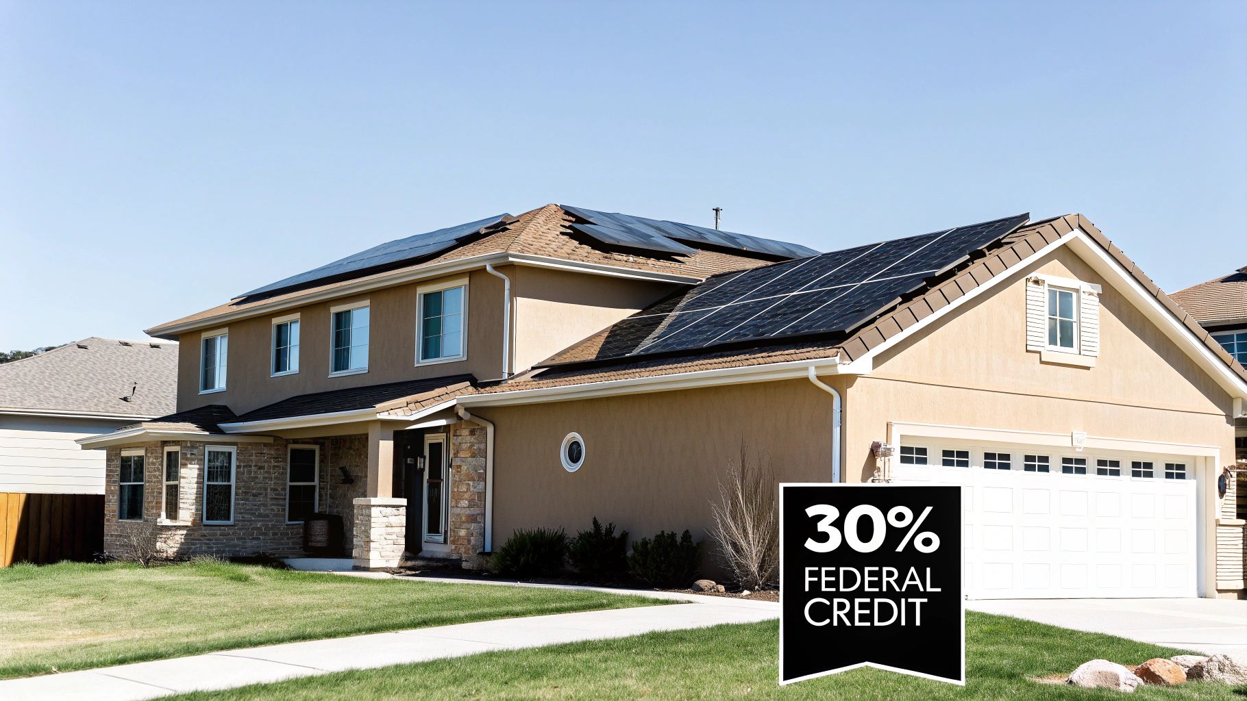 A modern two-story house with numerous solar panels on its roof and a green lawn, displaying a '30% Federal Credit' sign.