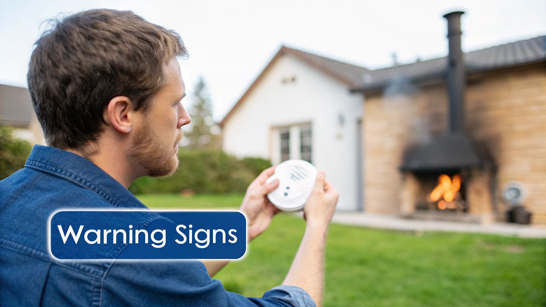 A man holds a smoke detector, looking towards a house with an outdoor fireplace emitting smoke. Text: Warning Signs.