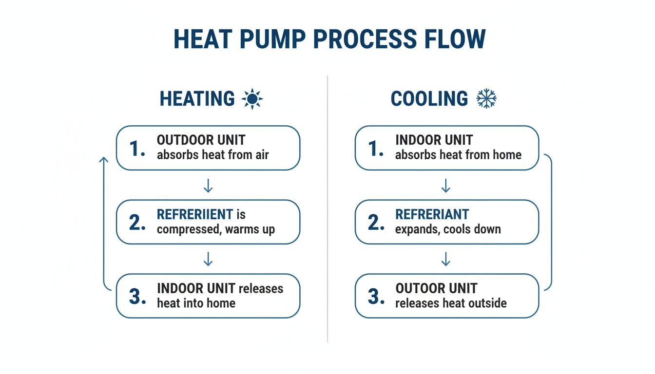A diagram illustrates the heat pump process flow, detailing steps for both heating and cooling modes.