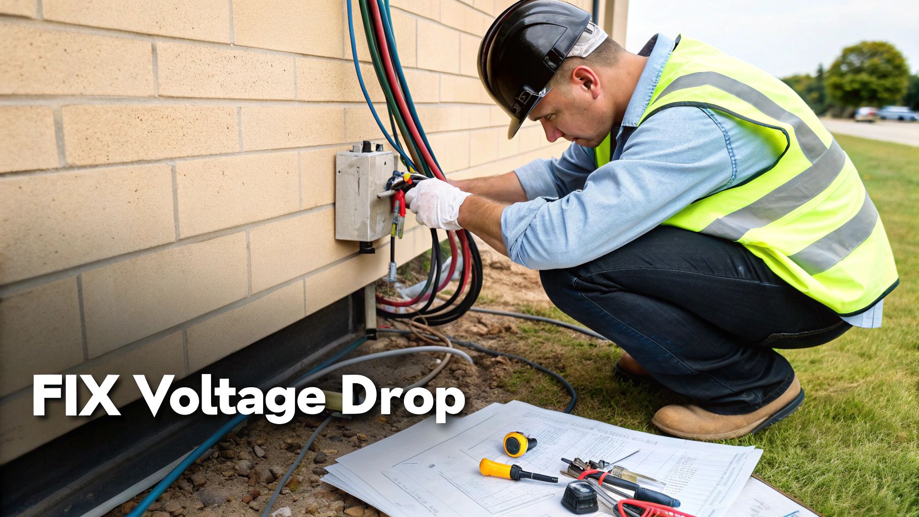 An electrician in a hard hat and safety vest works on exterior electrical wiring and cables.