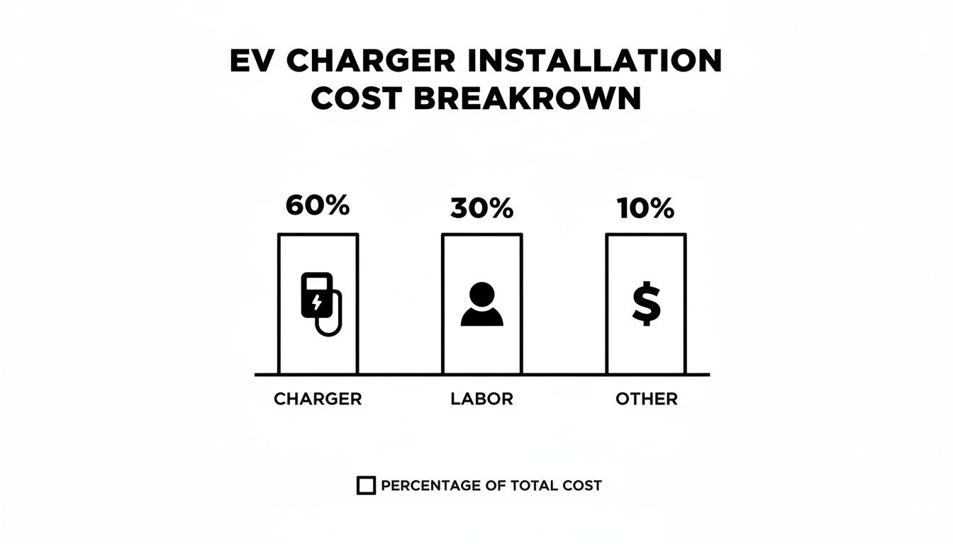 Bar chart showing the cost breakdown for EV charger installation: 60% charger, 30% labor, 10% other.