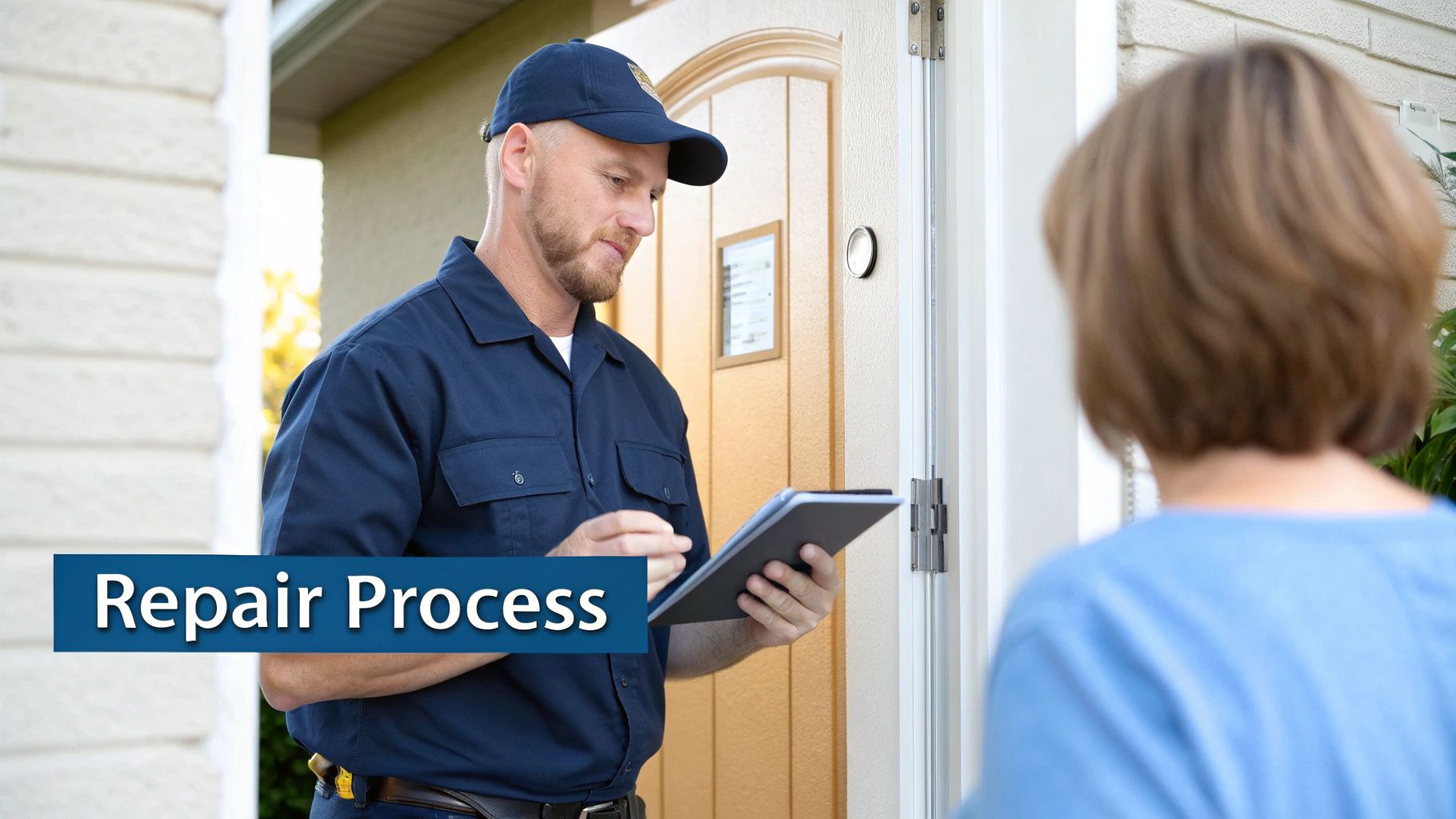 A service technician in a blue uniform and cap uses a tablet while speaking with a customer at their doorstep.