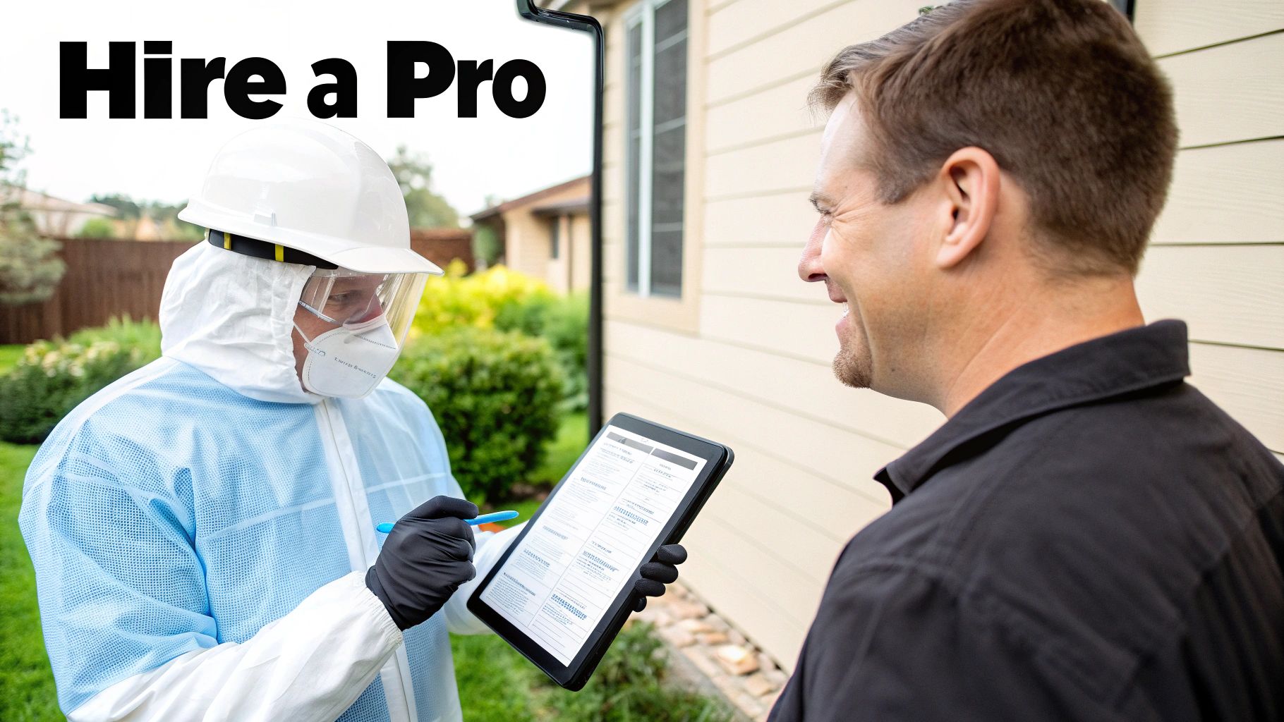 A professional in protective gear shows a tablet with a report to a smiling homeowner outside a house.
