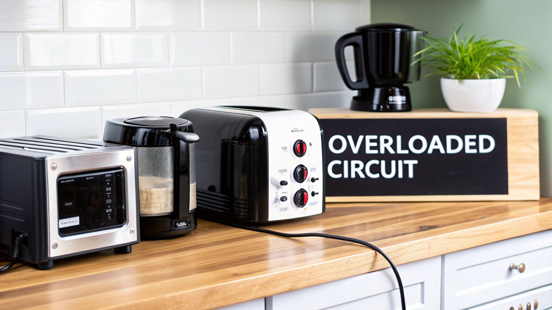 Several kitchen appliances on a counter, with a sign warning of an 'OVERLOADED CIRCUIT'.