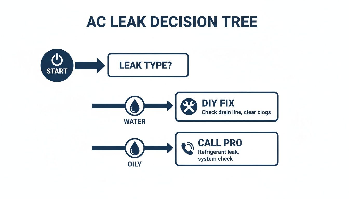 AC leak decision tree flowchart showing steps for water or oily leaks, with DIY or professional solutions.