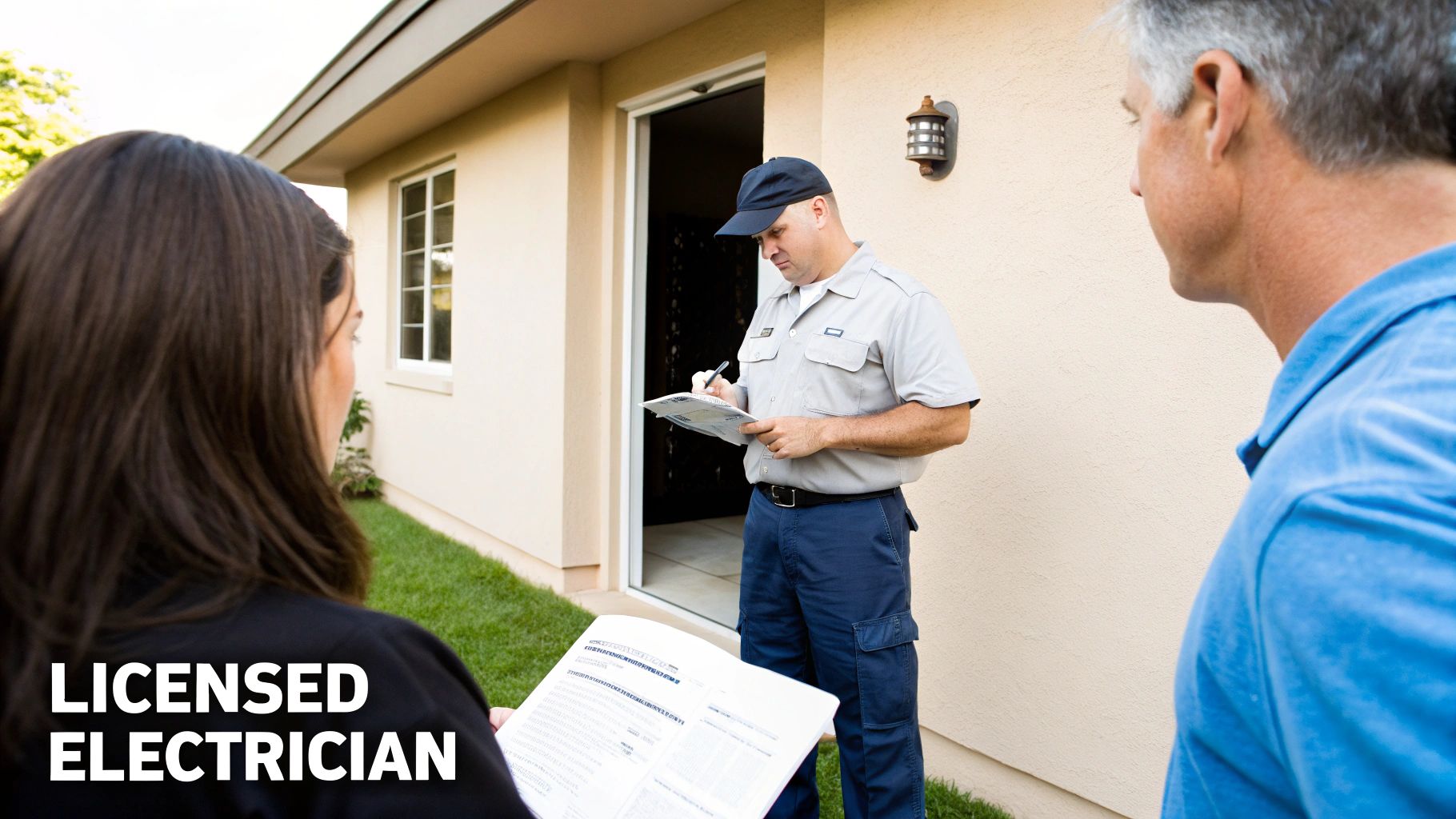 A licensed electrician in uniform writes on a clipboard while consulting with two homeowners outside their house.