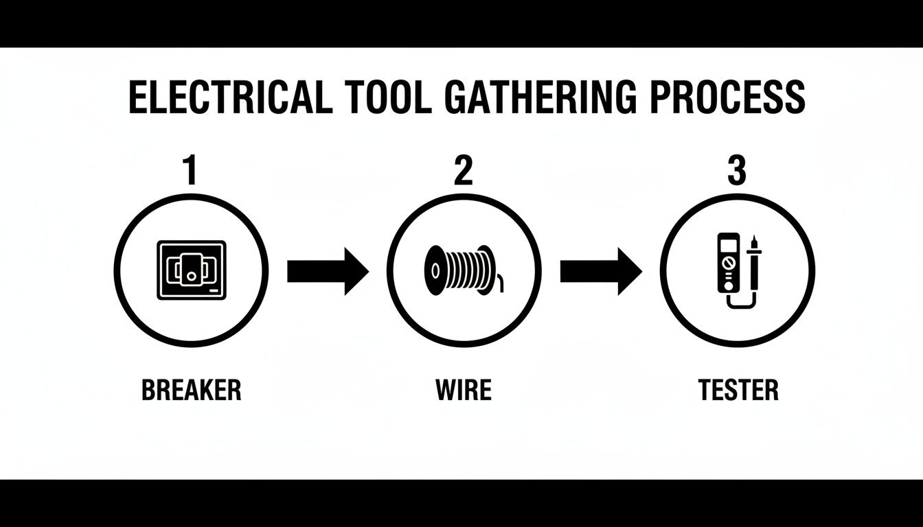 A three-step process diagram illustrating the gathering of electrical tools: breaker, wire, and tester.
