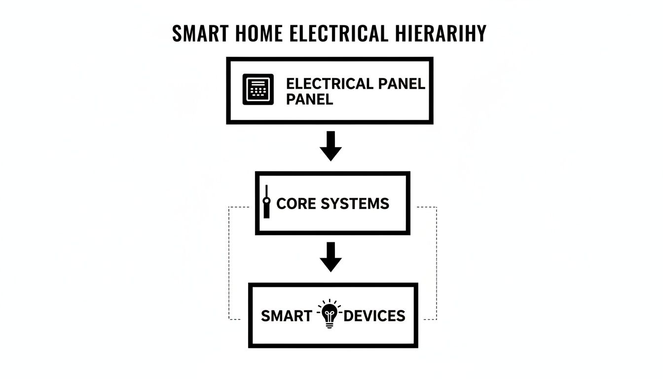 A diagram illustrating the smart home electrical hierarchy from electrical panel to smart devices.