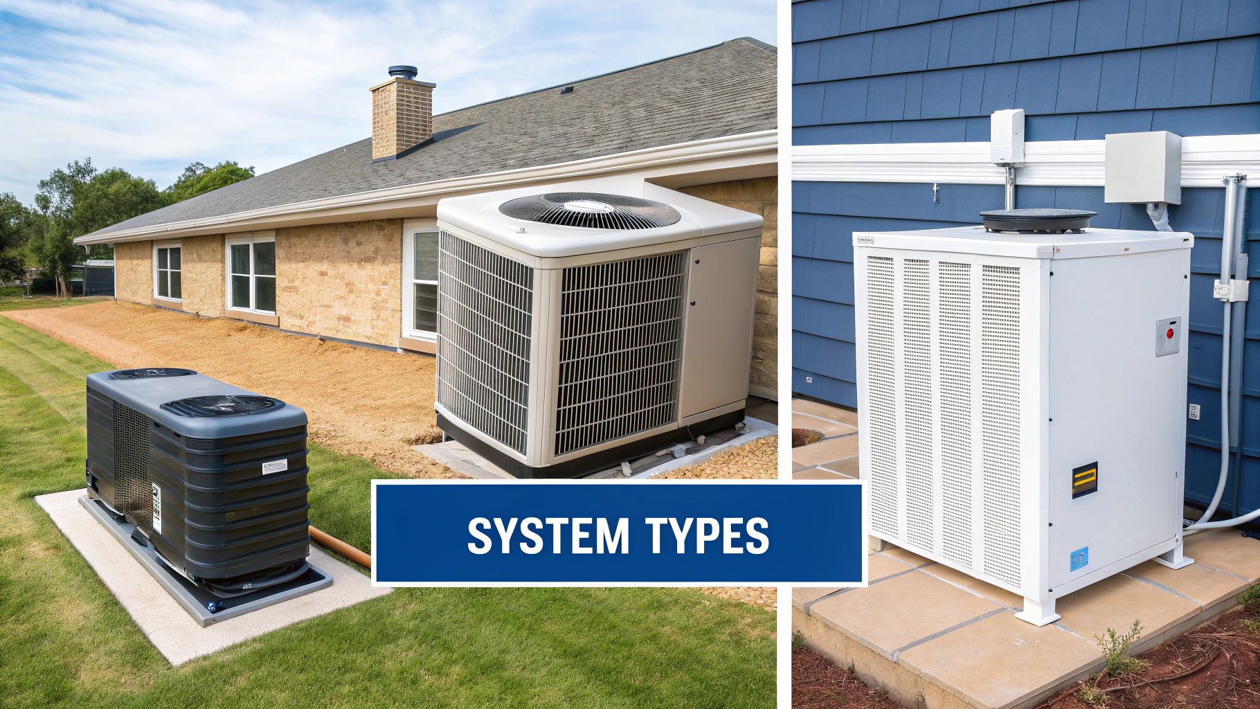 Where are the evaporator coils? A Quick, Clear Guide to Locating Them 3 Three different outdoor residential HVAC system types, including air conditioners and heat pumps, shown by houses.