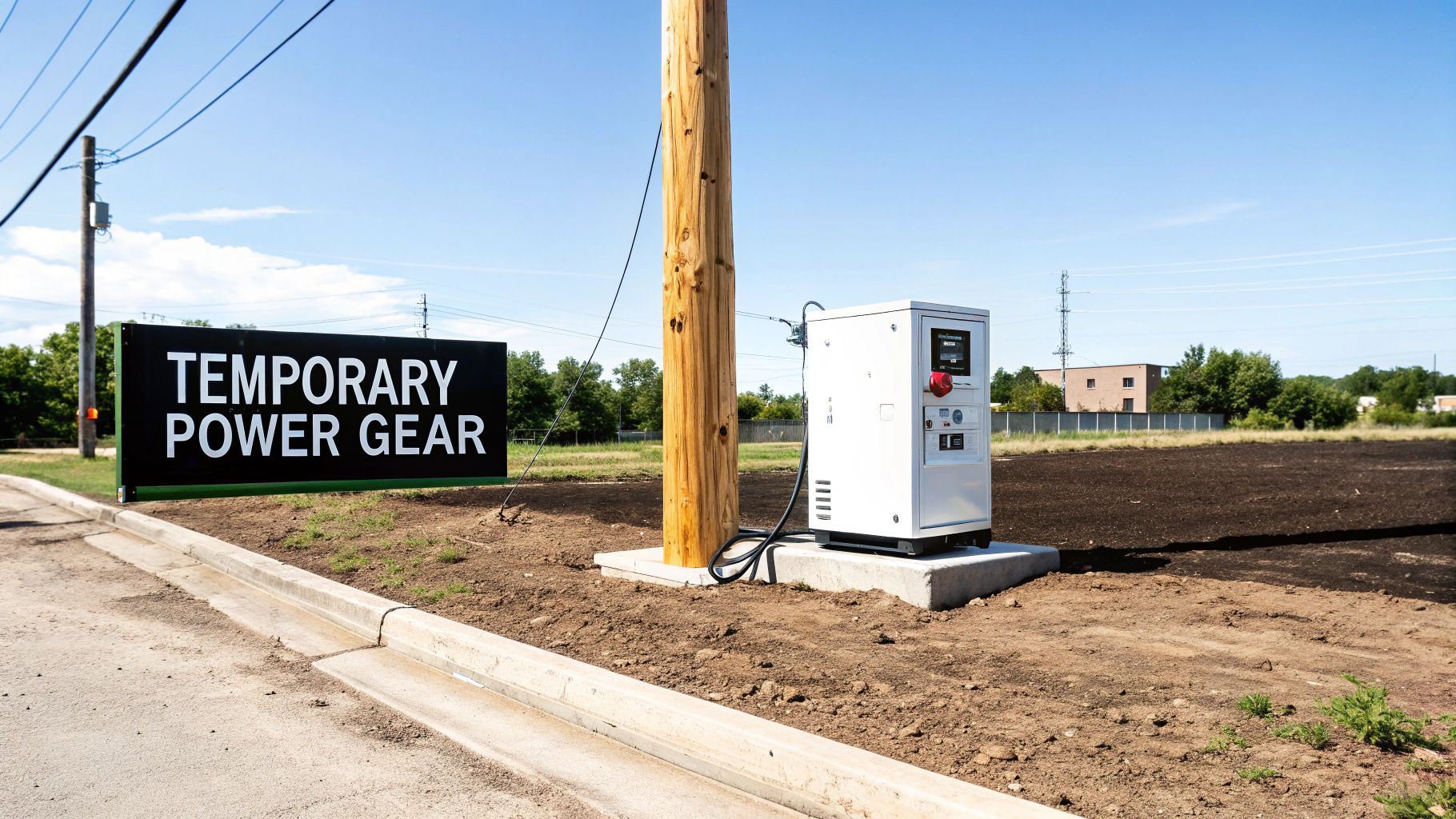 A black sign reading 'TEMPORARY POWER GEAR' next to a utility pole and an electrical cabinet on a construction site.