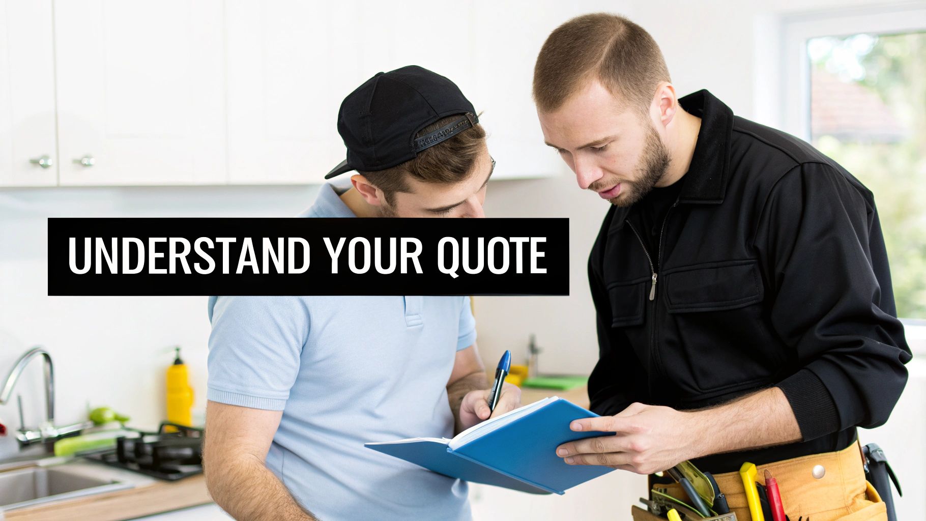 Two electricians discussing a quote in a modern kitchen, one writing in a notebook.