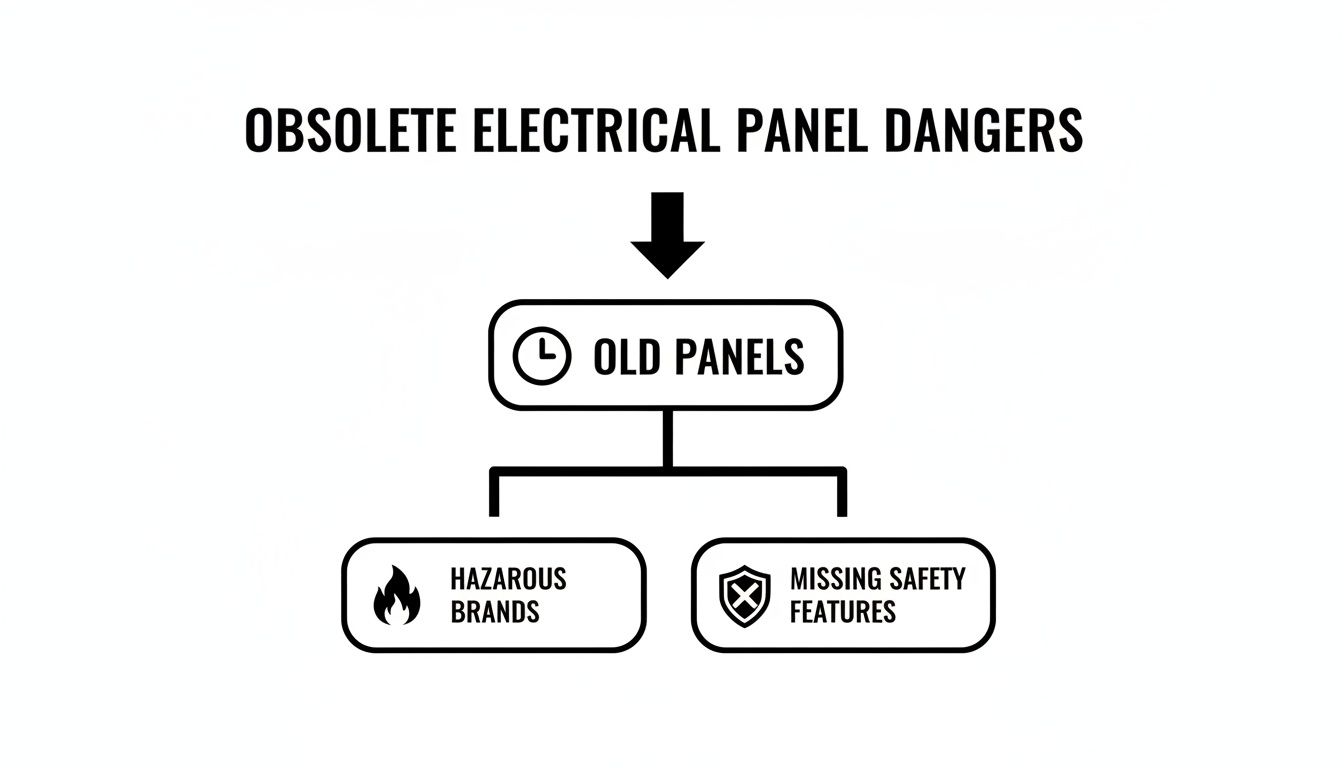 Flowchart showing obsolete electrical panel dangers: old panels lead to hazardous brands and missing safety features.