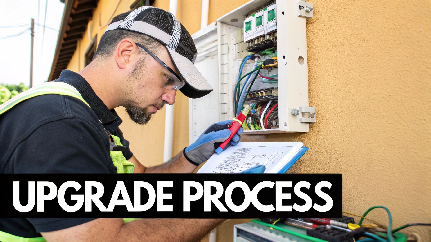 A focused electrician with safety glasses upgrading an electrical panel, holding a tool and checking documents.