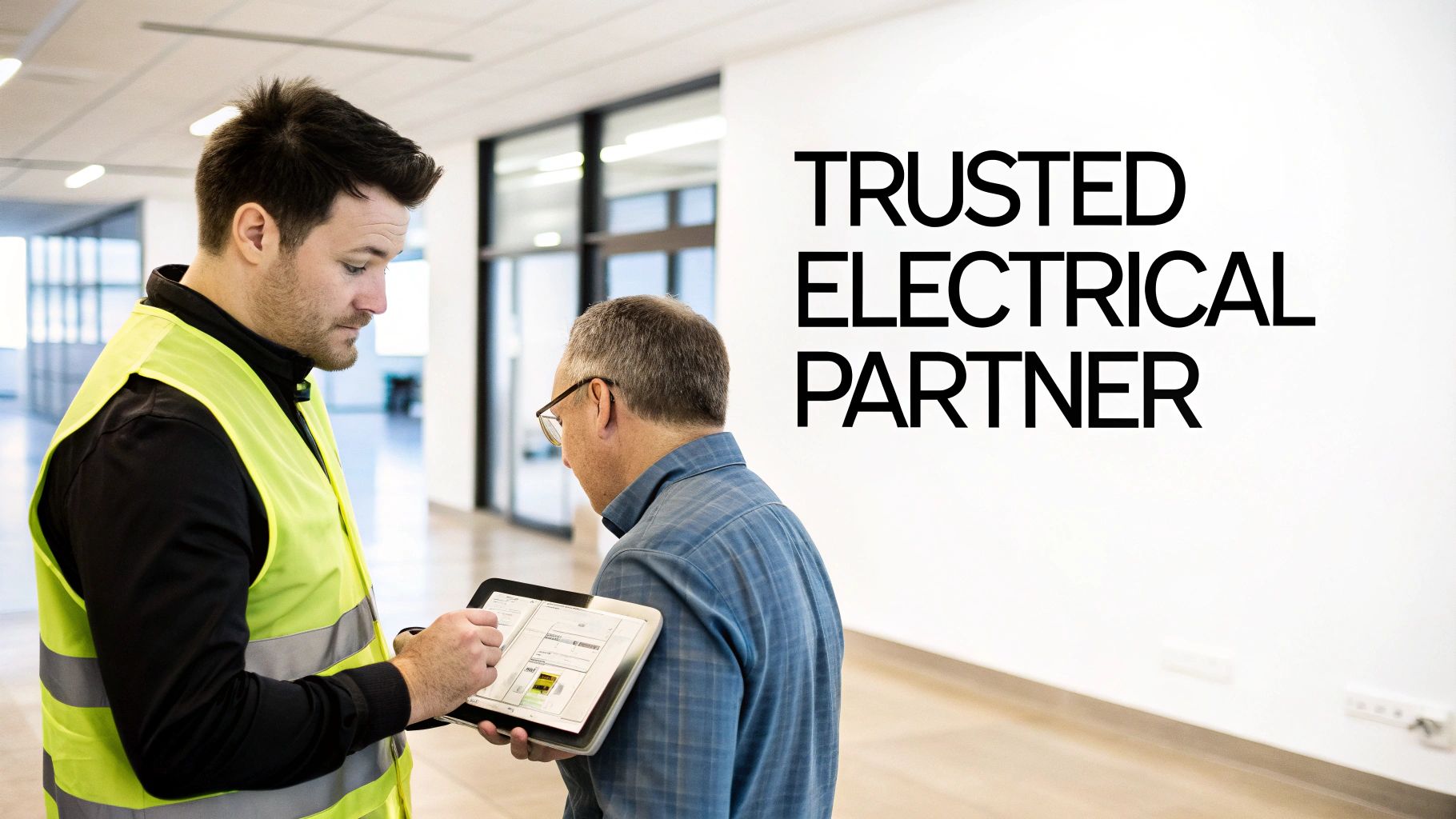 Two male electrical partners in a modern commercial space discussing plans on a digital tablet.