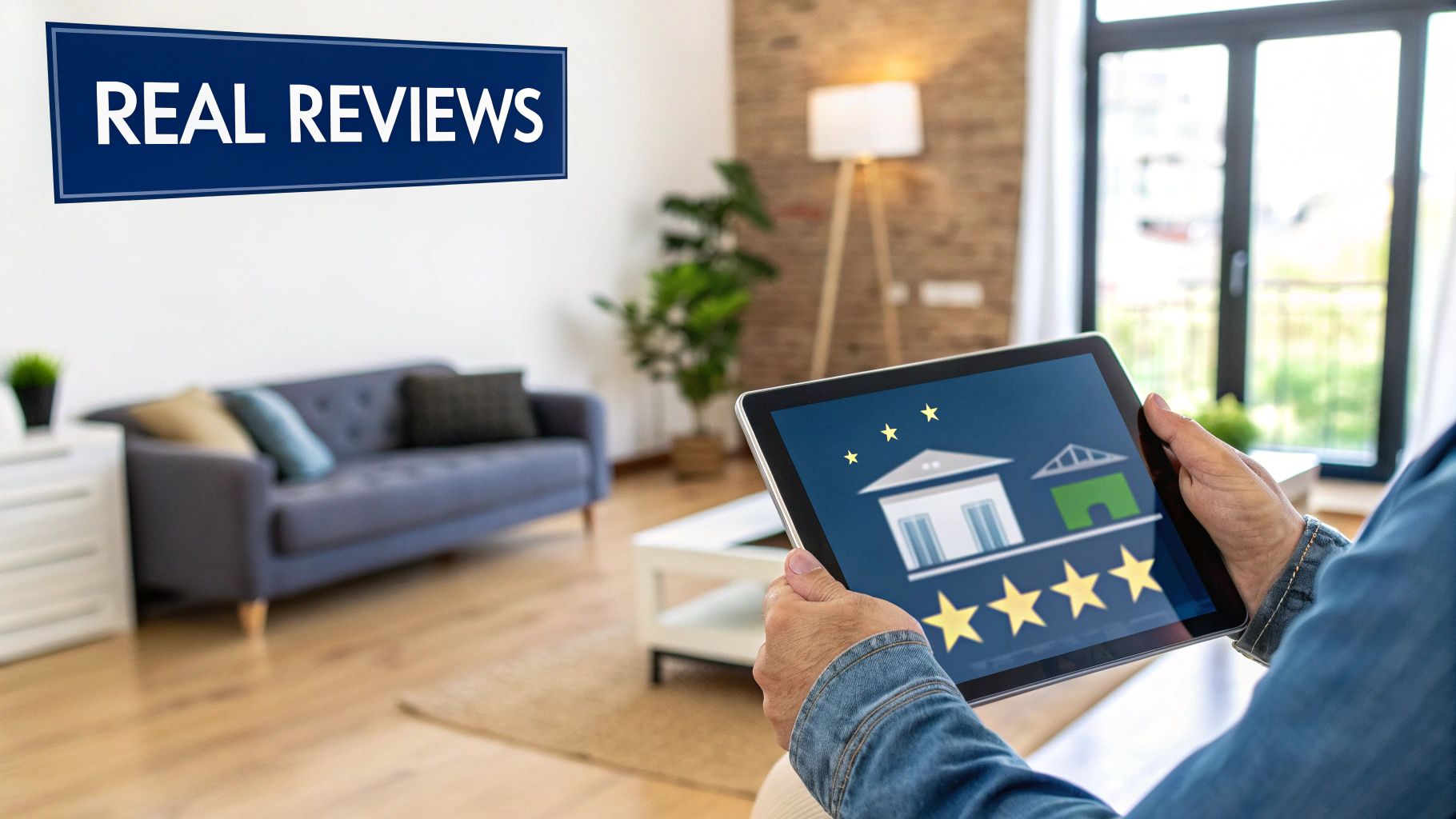Aeroseal Duct Sealing Reviews What Homeowners Need to Know 2 Person holding a tablet displaying property reviews with five stars, with 'REAL REVIEWS' banner in a living room.