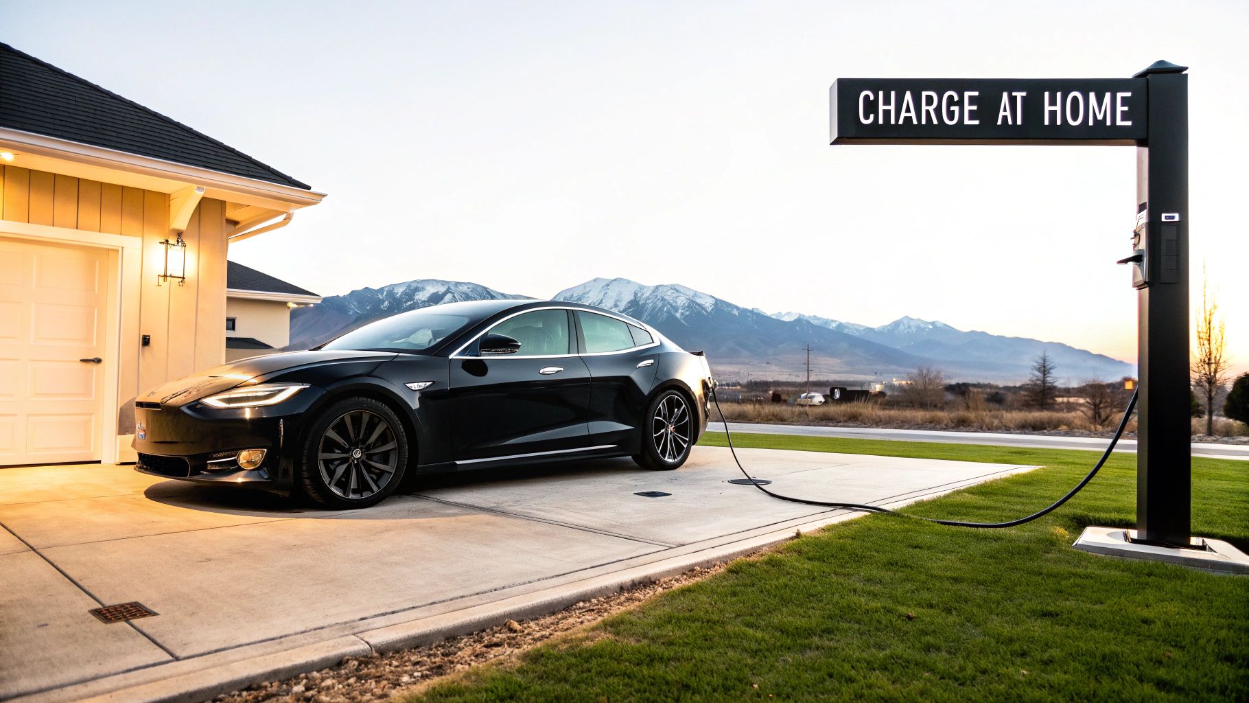 A black Tesla Model S electric car charging at a home station with mountains in the background.