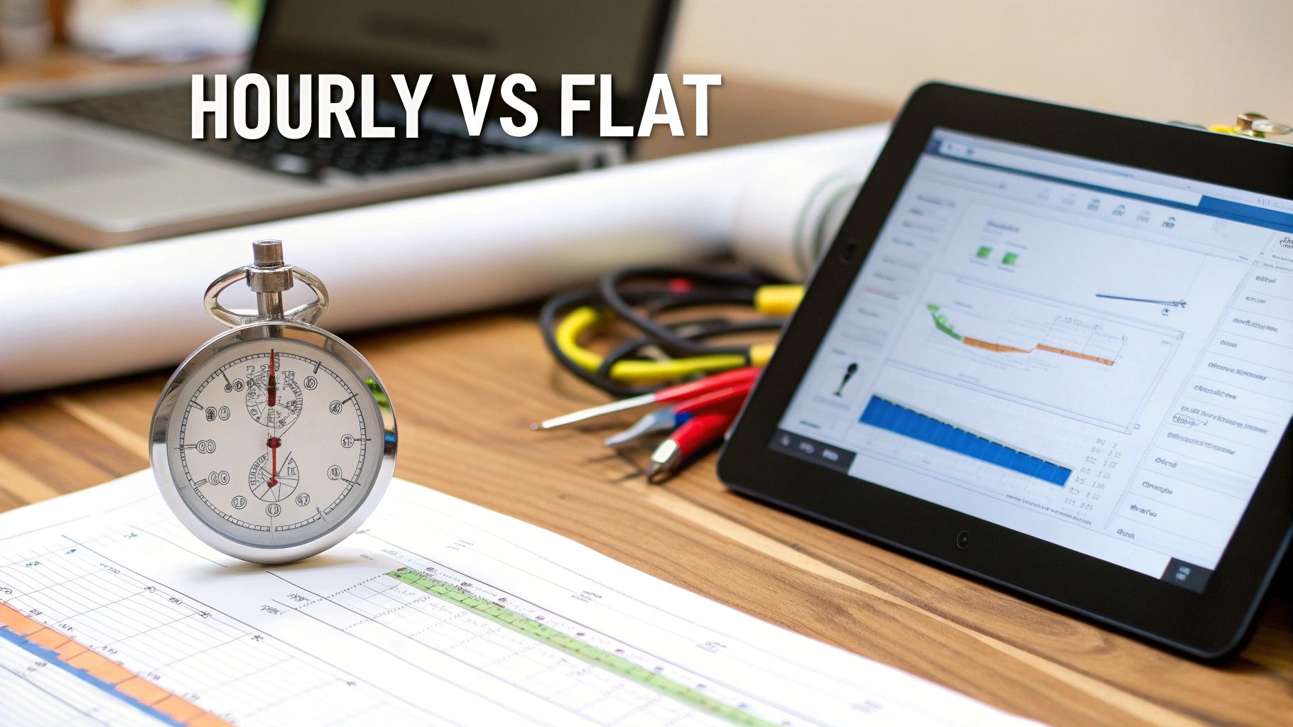 Stopwatch, charts, and a tablet on a desk illustrating hourly vs. flat pricing models.