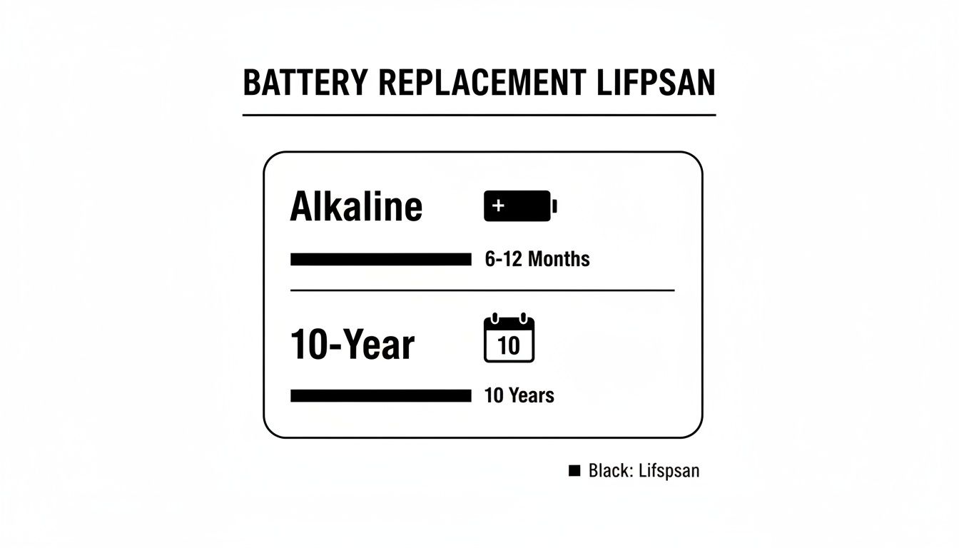 A chart comparing battery replacement lifespans: Alkaline batteries last 6-12 months, while 10-year batteries last 10 years.