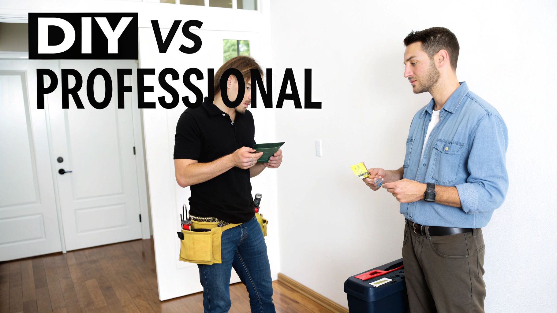 Two men, one with a tool belt, looking at small items with "DIY VS PROFESSIONAL" text.