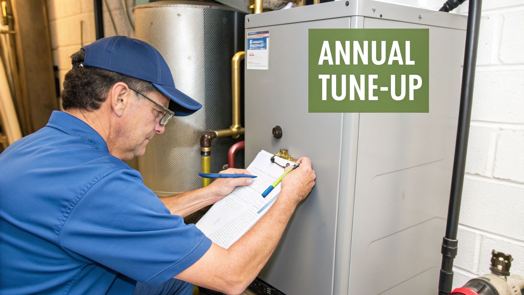 A service technician in a blue uniform and cap performs an annual tune-up on a furnace.