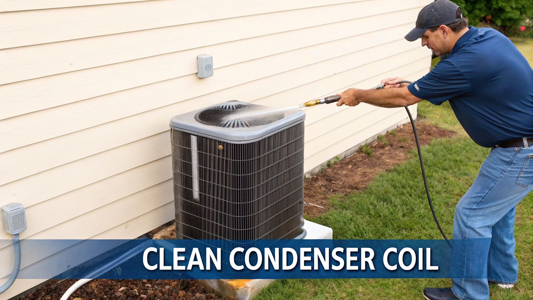 A man in a baseball cap cleaning the condenser coil of an outdoor HVAC unit with a hose.