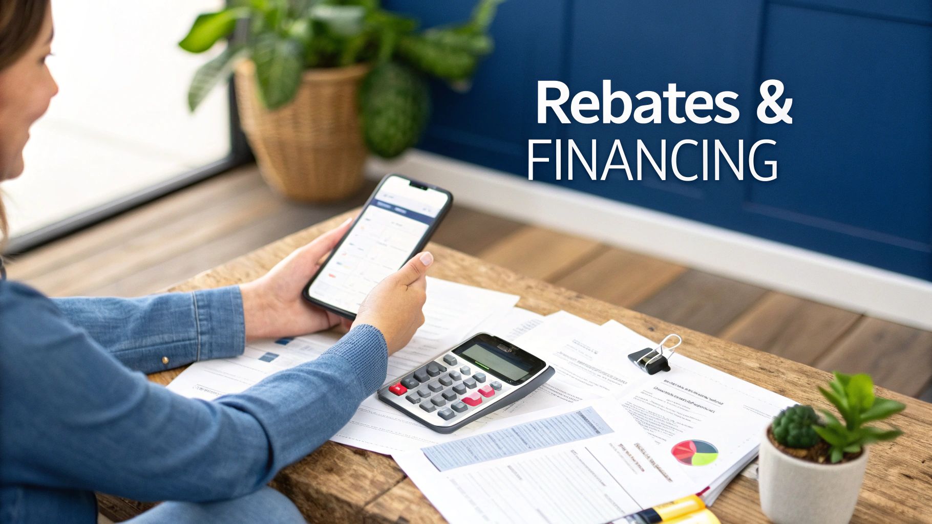 Person analyzing rebates and financing options on a smartphone with documents and a calculator.