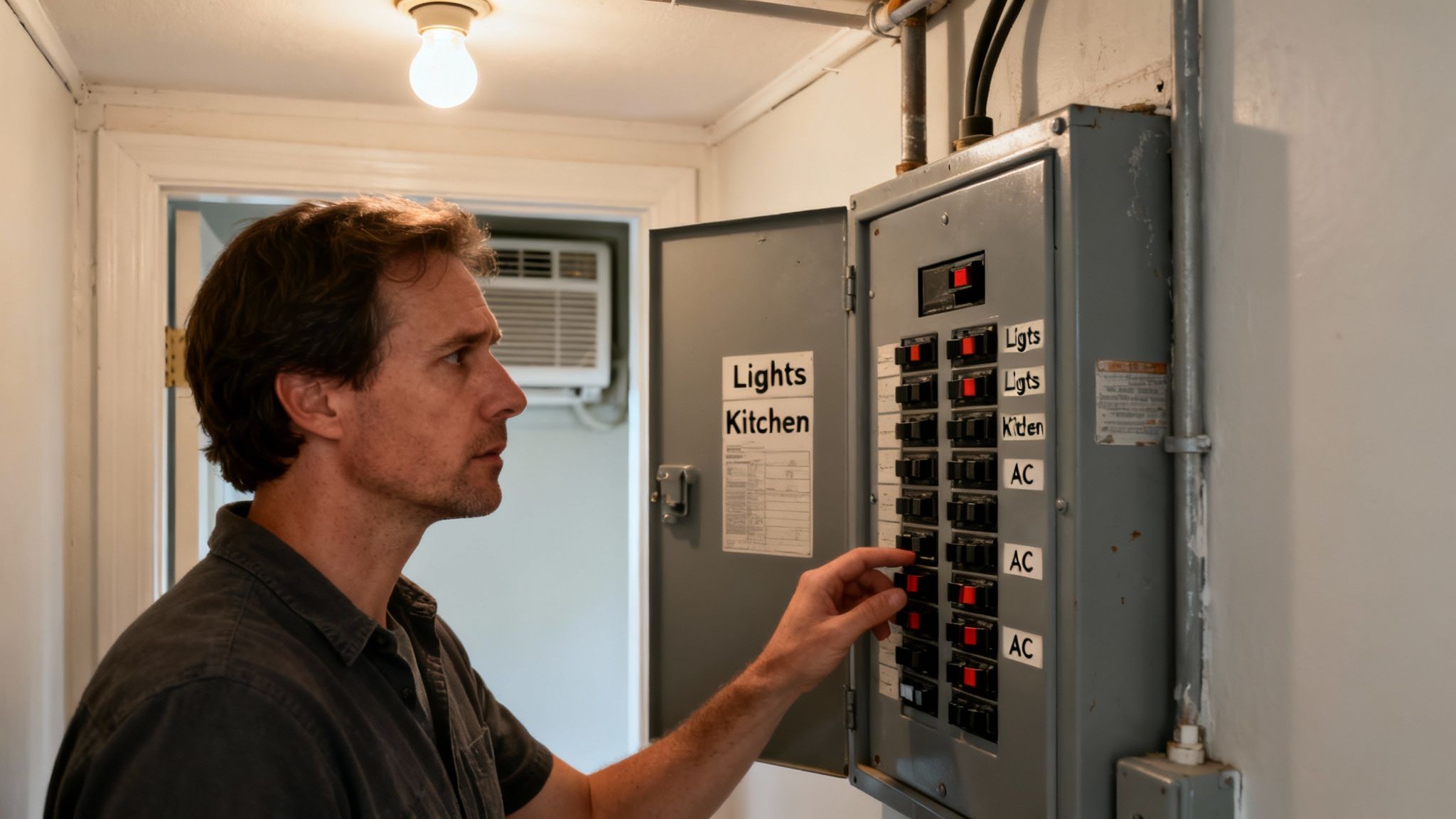 A man in a gray shirt inspecting and resetting circuit breakers on an old electrical panel.