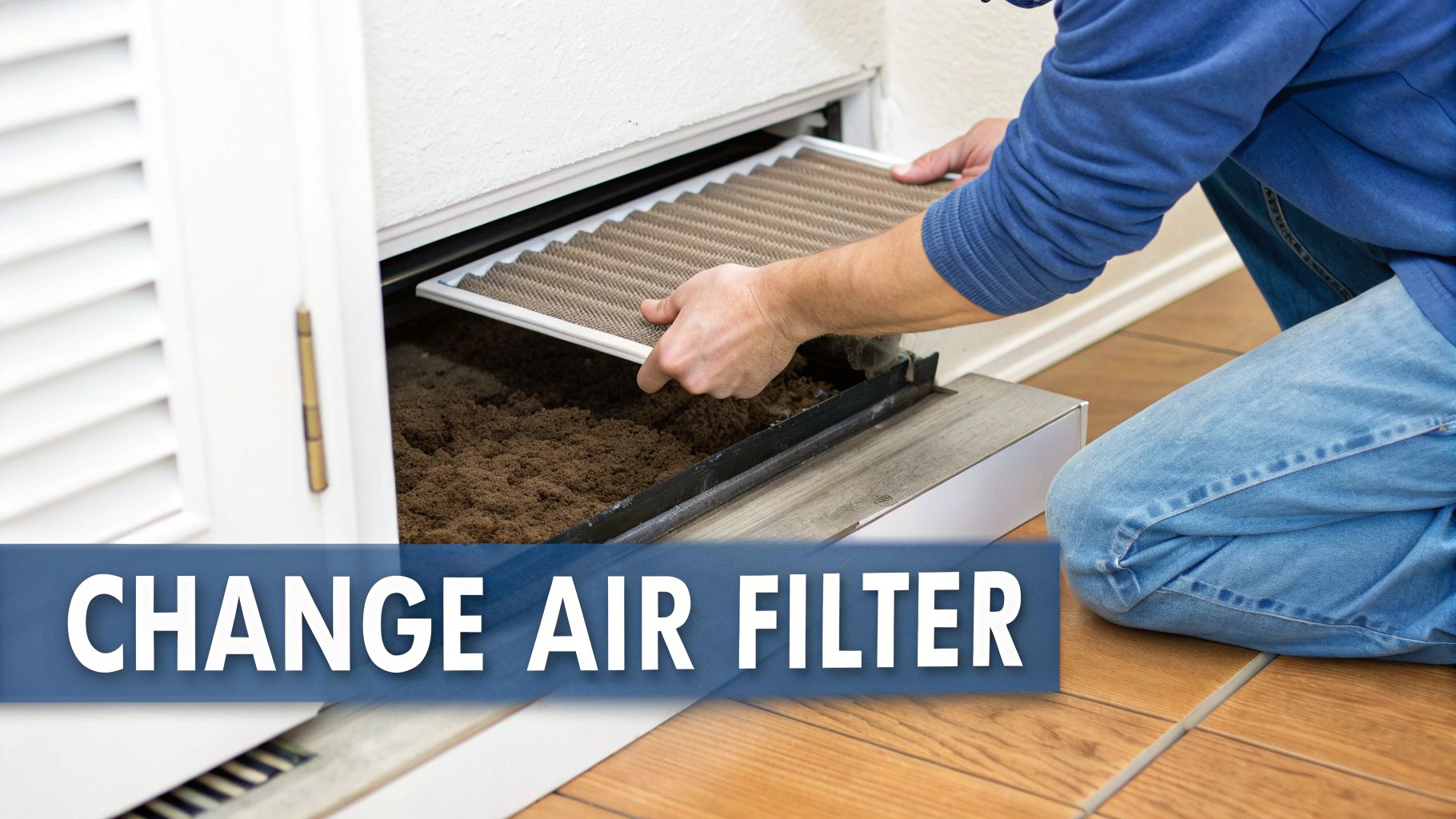 Furnace not blowing hot air: Quick Fixes and Troubleshooting Tips 4 Hands remove an extremely dirty air filter from an HVAC unit, revealing heavy dust buildup inside.
