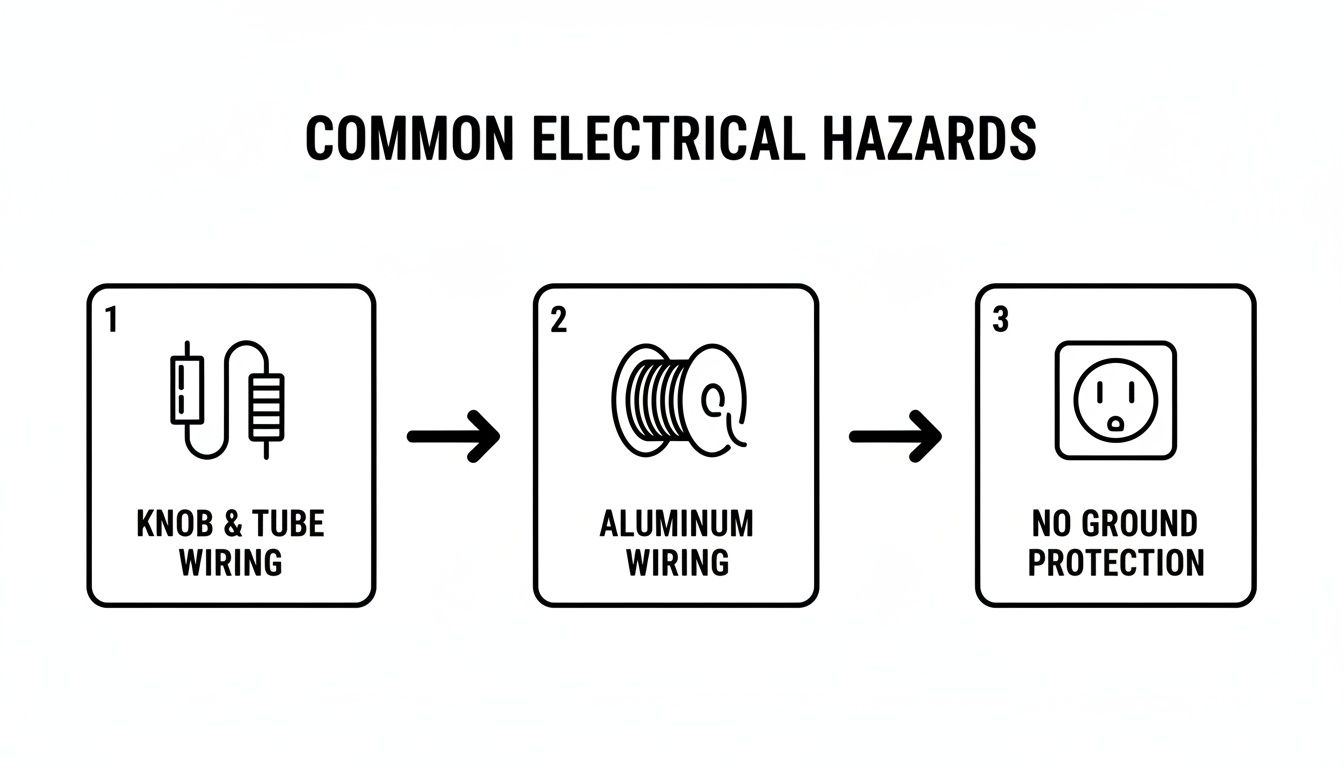 A graphic illustrating three common electrical hazards: knob and tube wiring, aluminum wiring, and no ground protection.