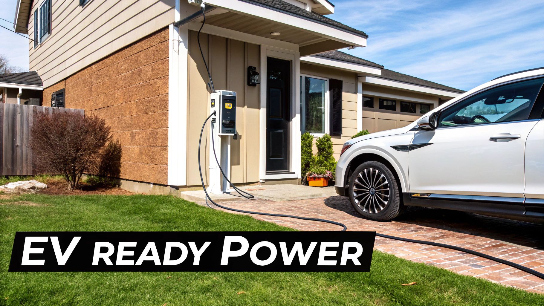 An EV charging station is installed on the side of a house, powering a white electric SUV in the driveway.
