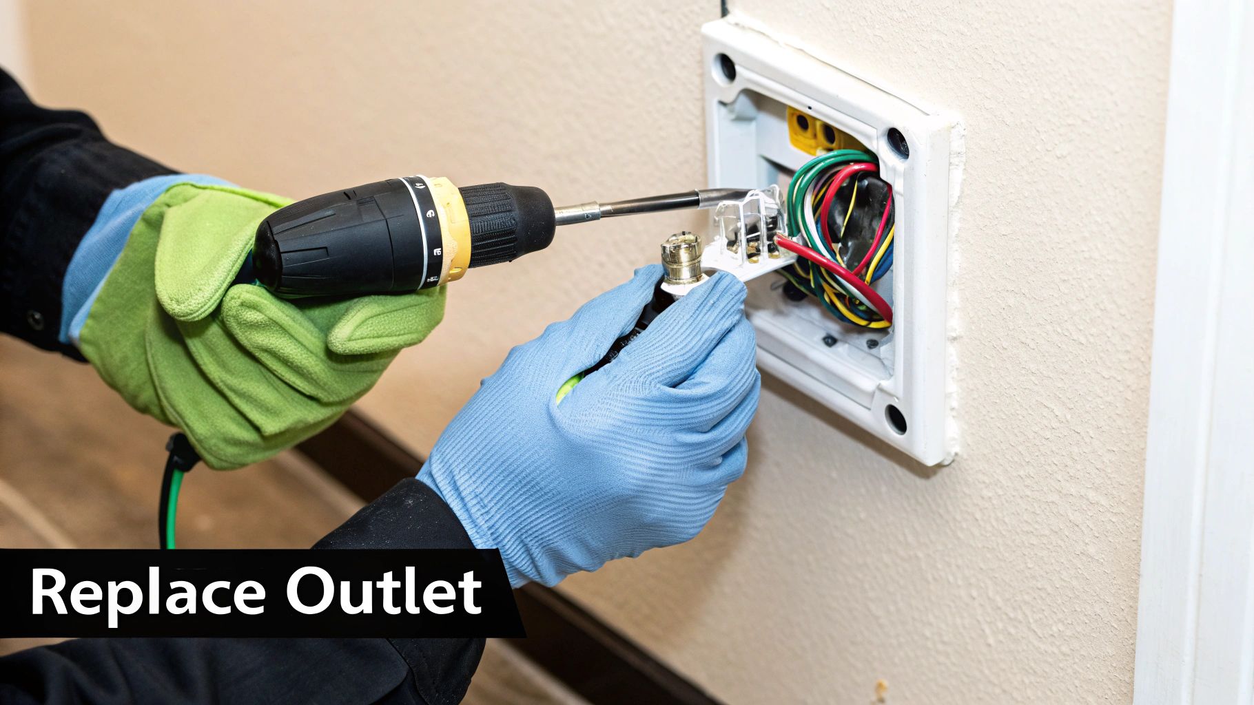 Person in work gloves using a power drill to replace or repair an electrical outlet on a wall.