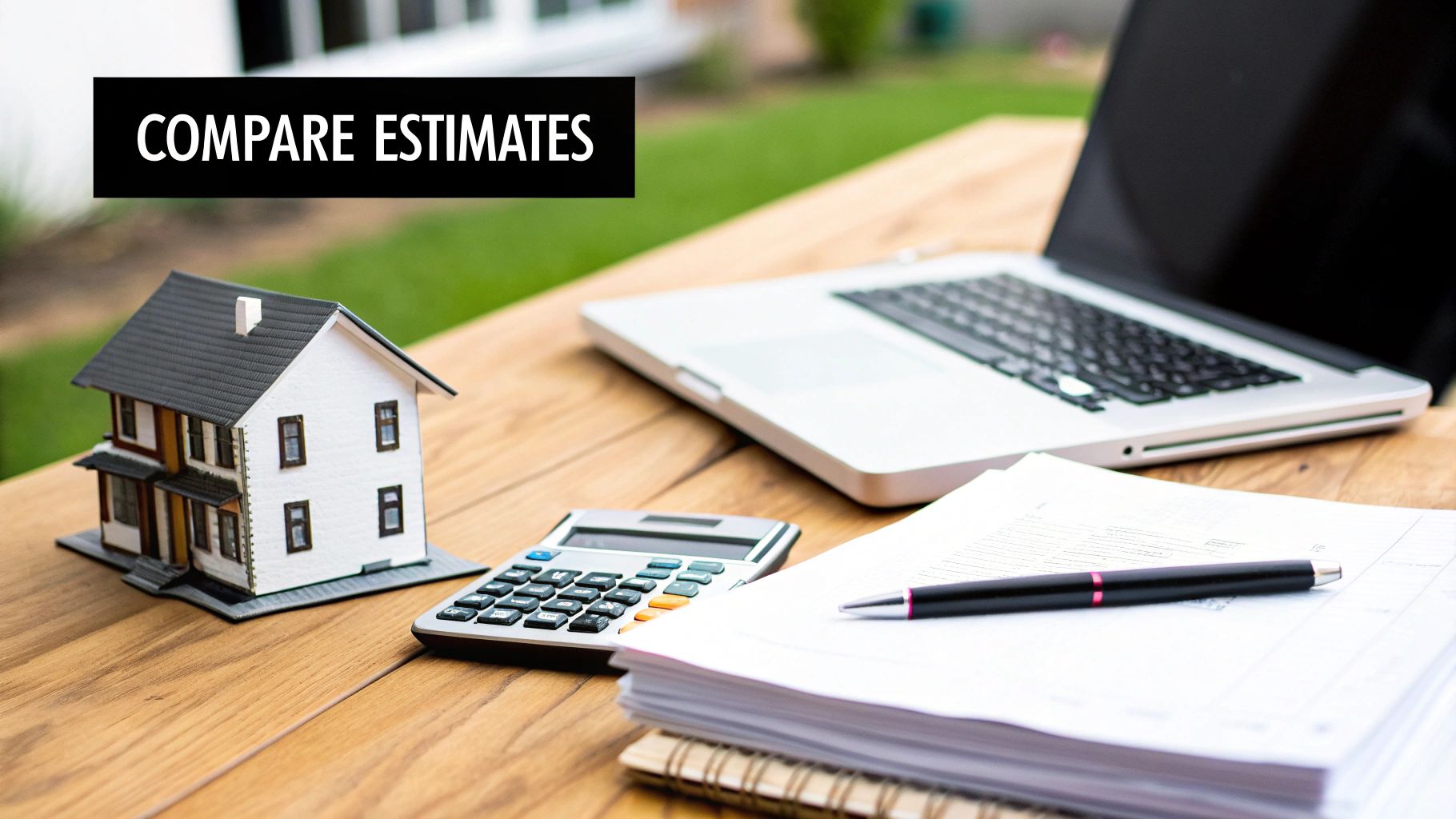 A model house, calculator, papers, pen, and laptop on a wooden desk, featuring 'COMPARE ESTIMATES' text.