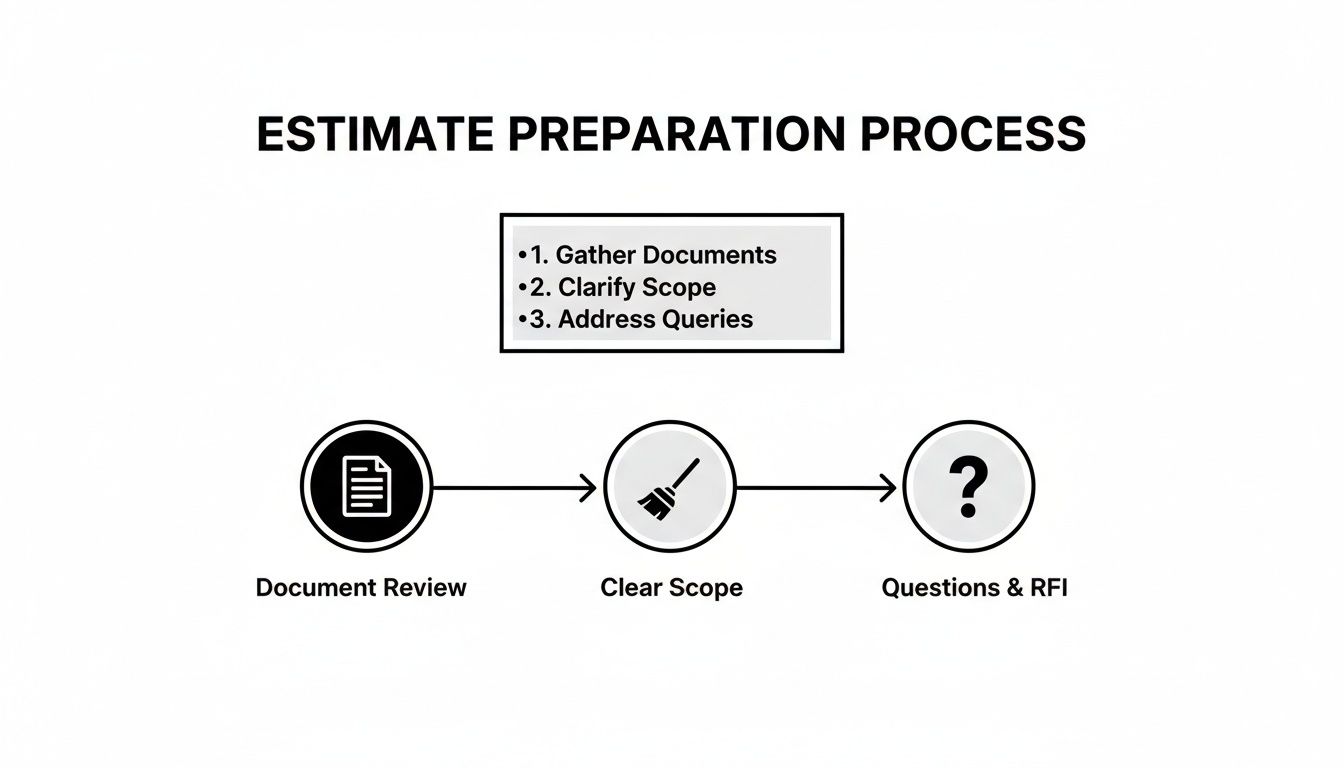 Flowchart illustrating the estimate preparation process: document review, clear scope, and questions & RFI.