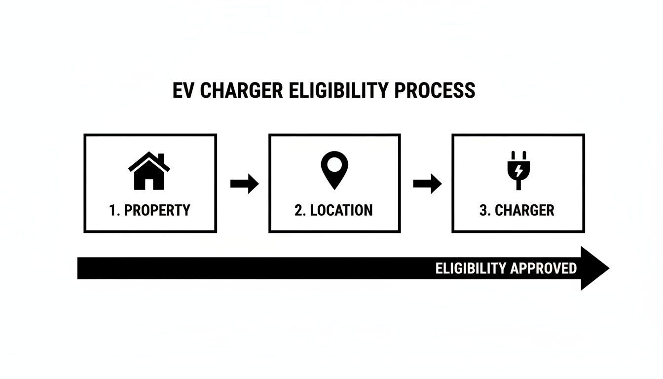 A flow chart illustrates the EV charger eligibility process with steps: Property, Location, and Charger, leading to Eligibility Approved.