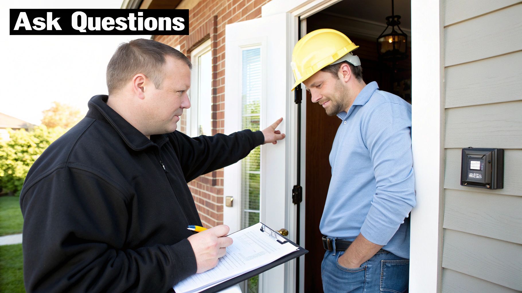 A homeowner discusses details with a male electrician wearing a hard hat, pointing at a door frame during a consultation.