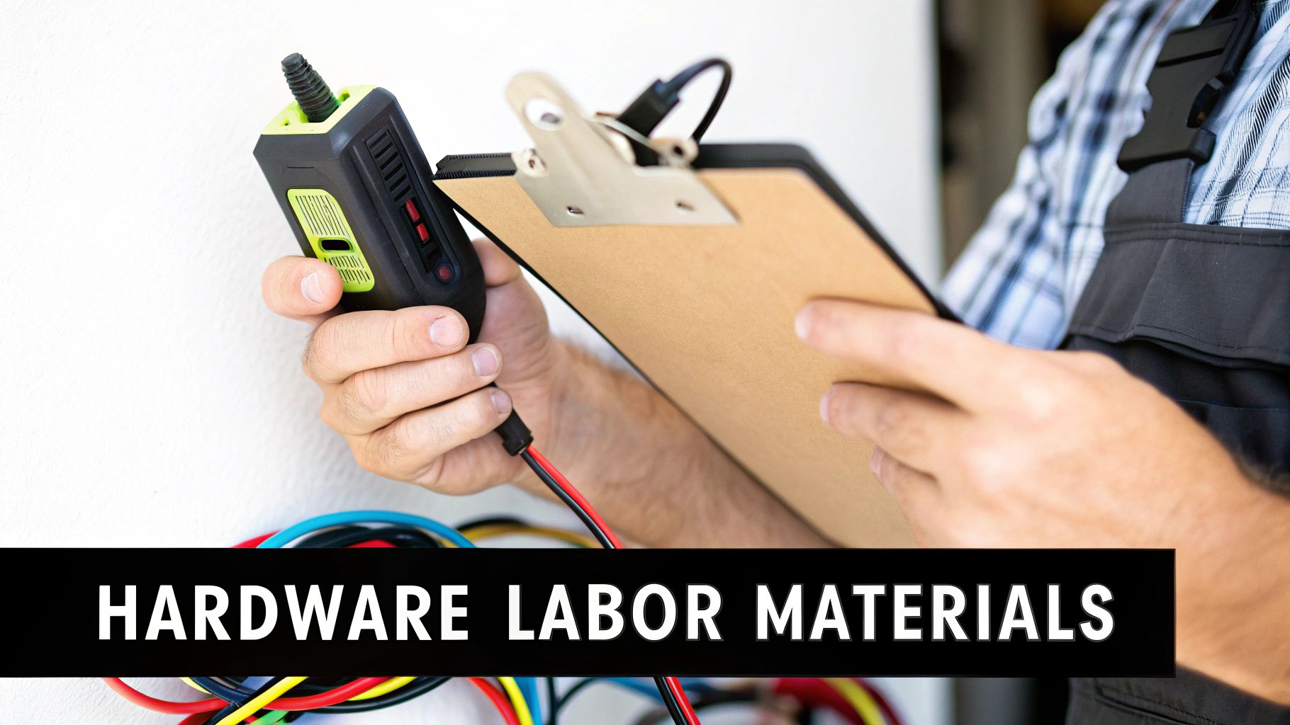 Close-up of a technician holding an electrical tester and clipboard, surrounded by colorful wires, signifying installation work.