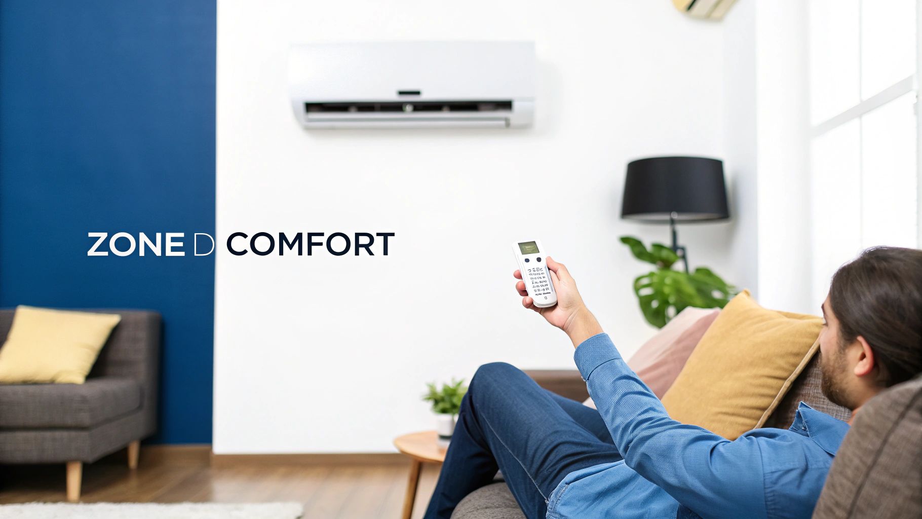 Ductless Mini Split vs Central Air for Your Arizona Home 4 Person on a couch aiming remote at a ductless mini-split AC unit, seeking comfort.