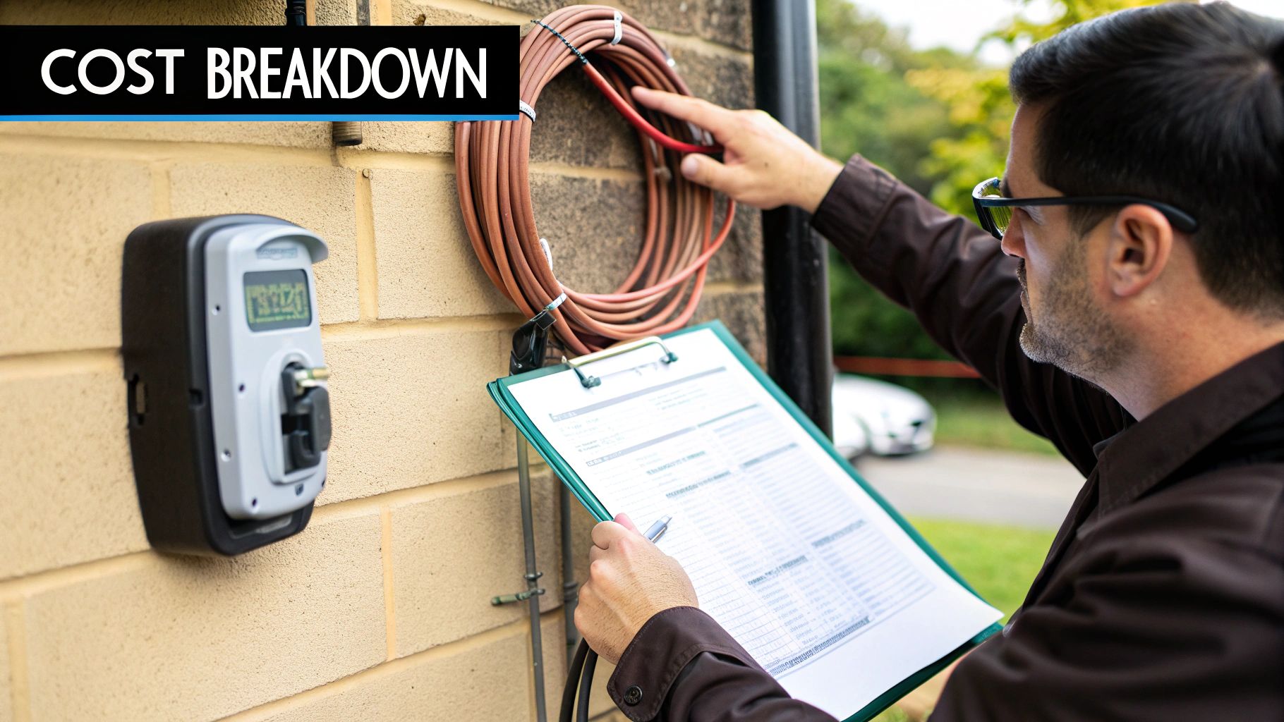 Man inspecting electrical wiring and an EV charger on a brick wall, holding a clipboard for assessment.