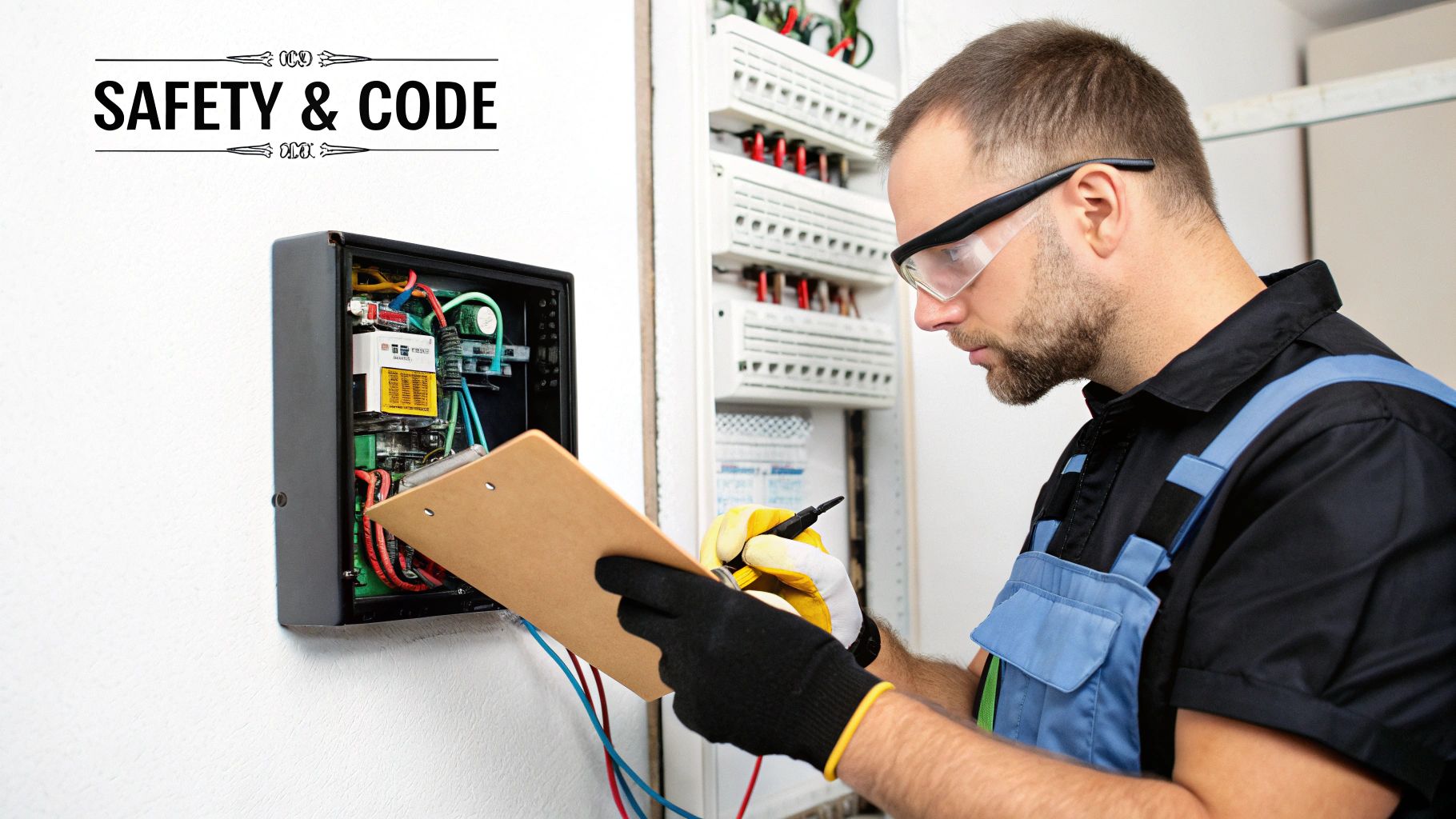 An electrician in safety glasses and gloves inspects an electrical panel while holding a clipboard.